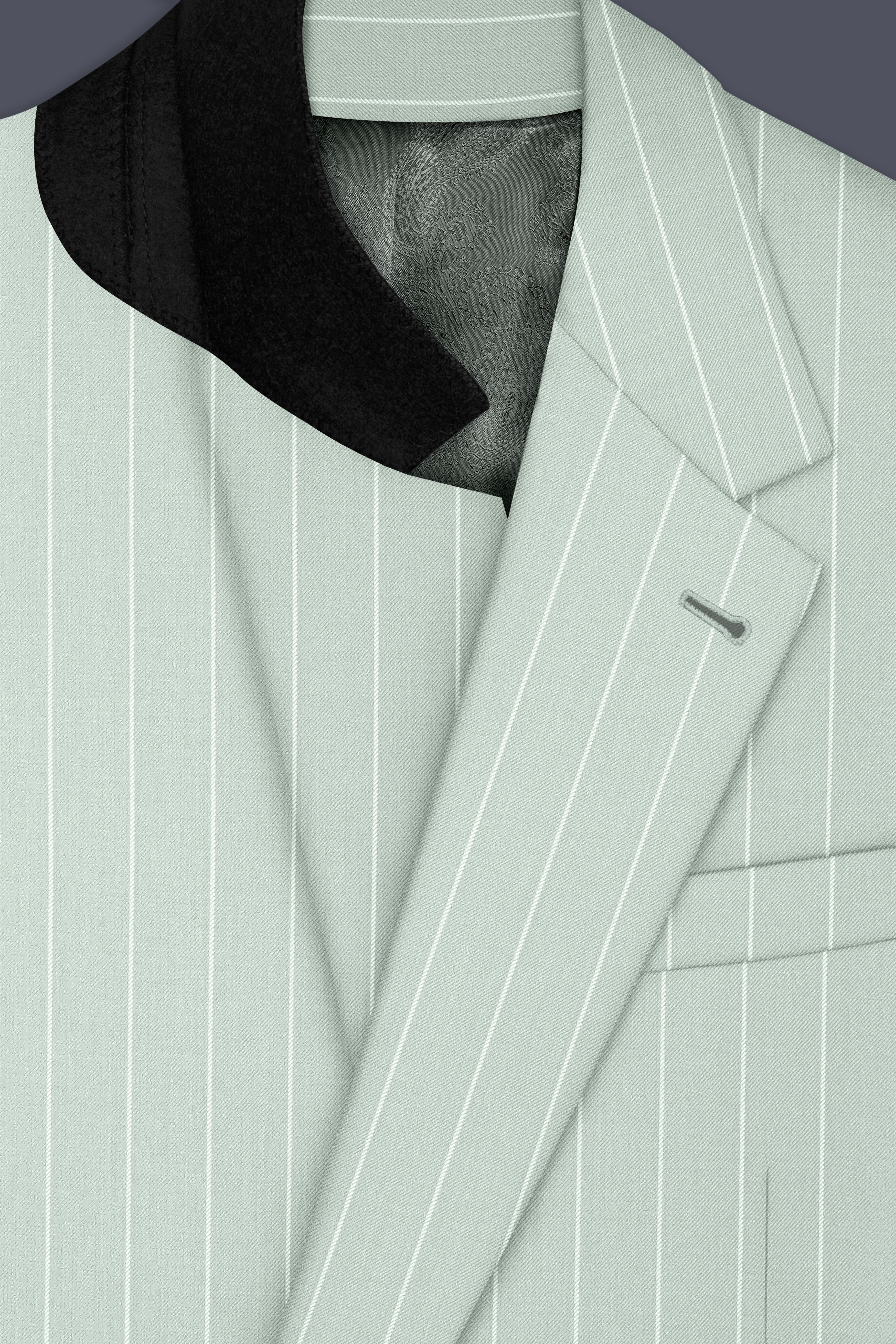 Halcyon-Pale Leaf Green And Bright White Chalk Striped Wool Rich Slight Stretch Single Breasted Suit