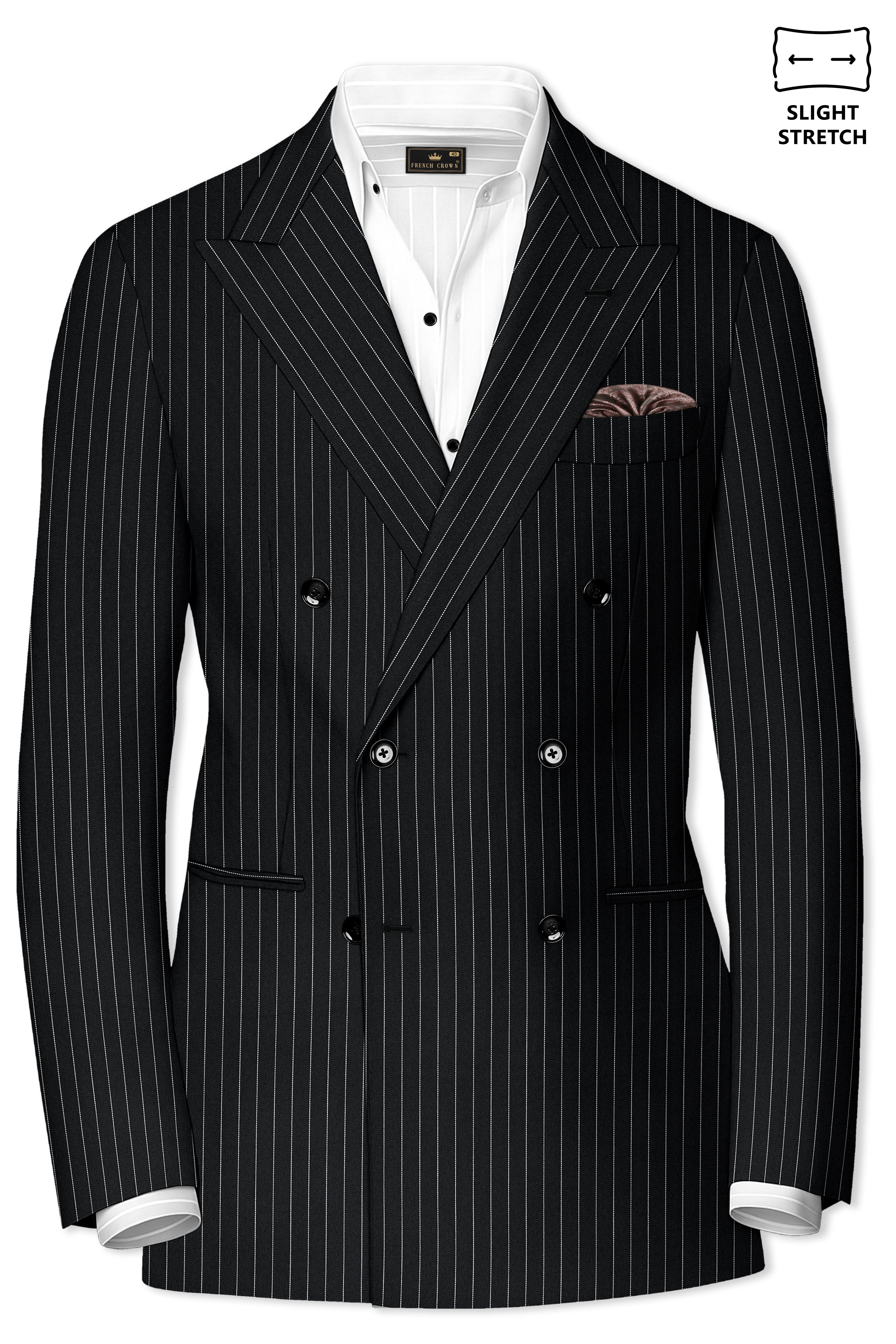 Strivon-Jade Black And Bright White Chalk Striped Wool Rich Slight Stretch Double Breasted Suit