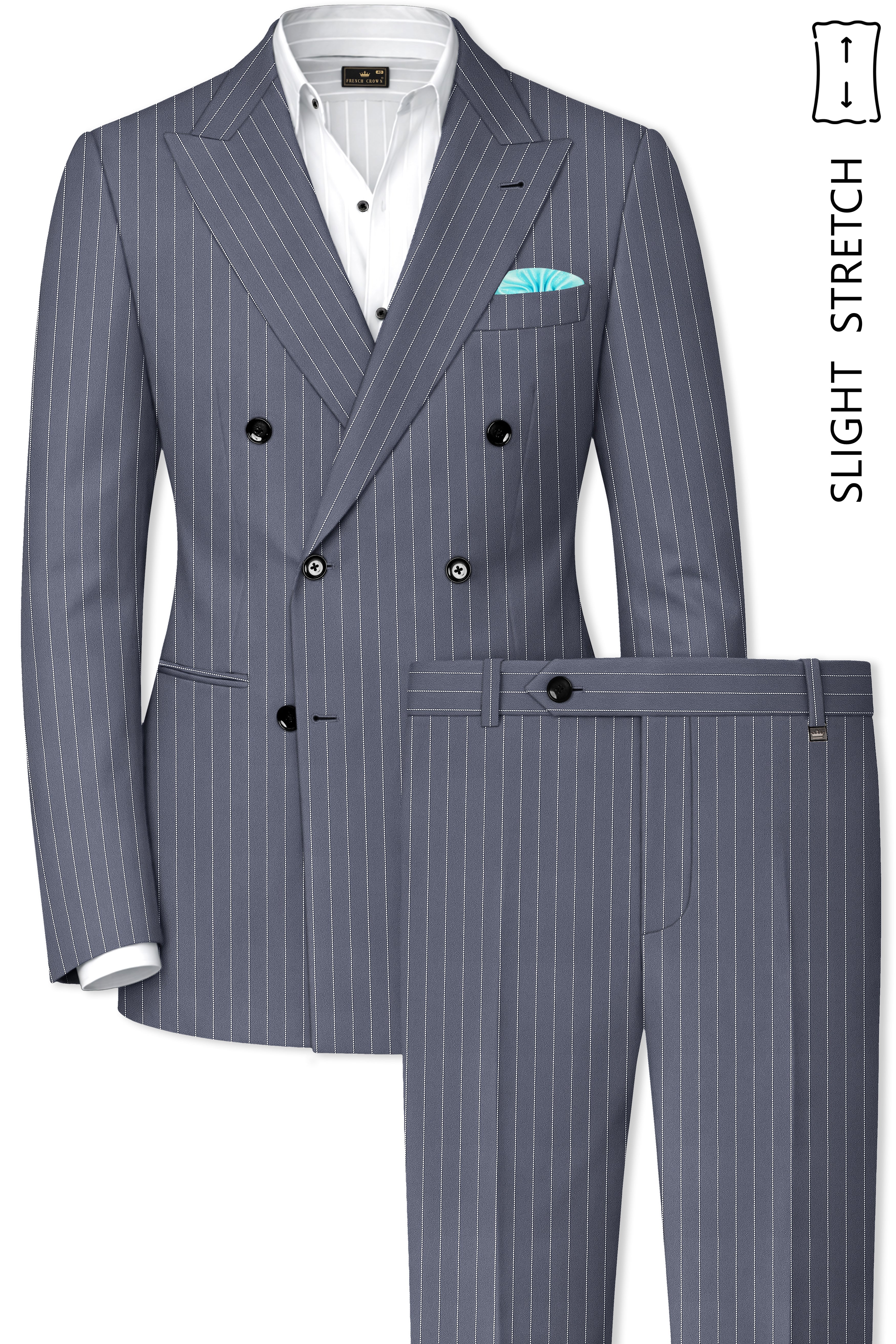Monarch-Shark Gray And Bright White Chalk Striped Wool Rich Slight Stretch Double Breasted Suit