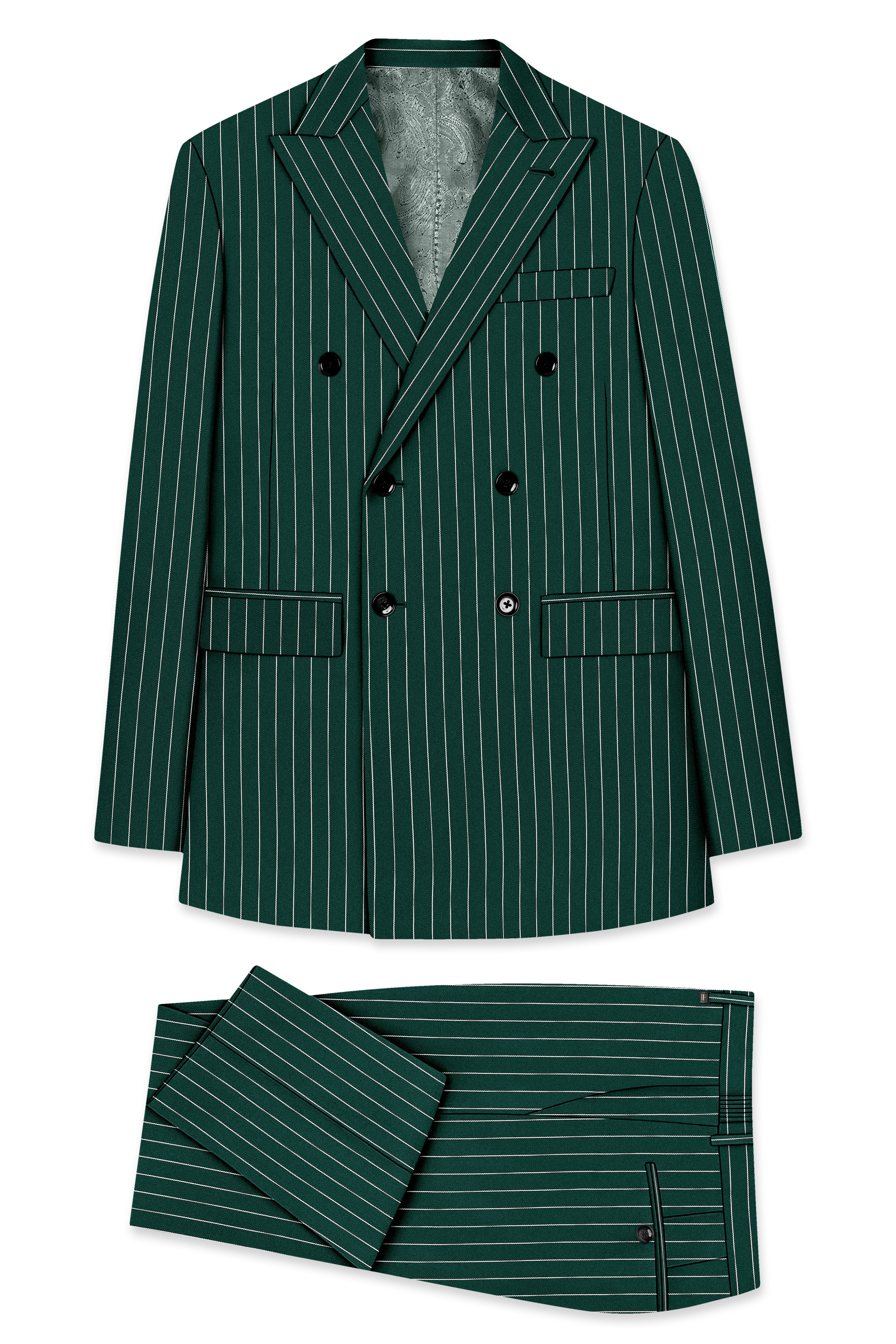 Arbor-Timber Green Herringbone Striped Wool Rich Slight Stretch Double Breasted Suit