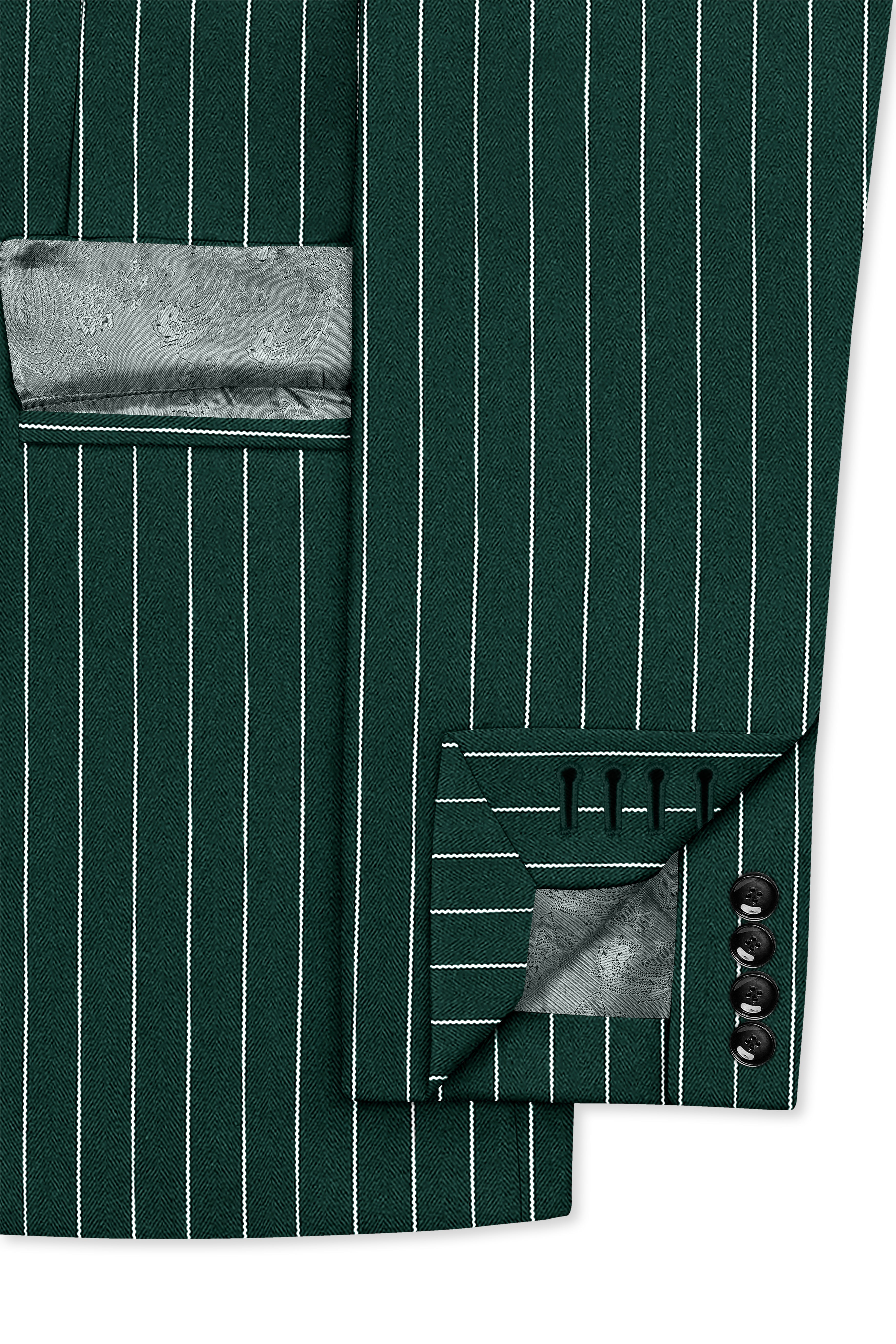 Arbor-Timber Green Herringbone Striped Wool Rich Slight Stretch Double Breasted Suit