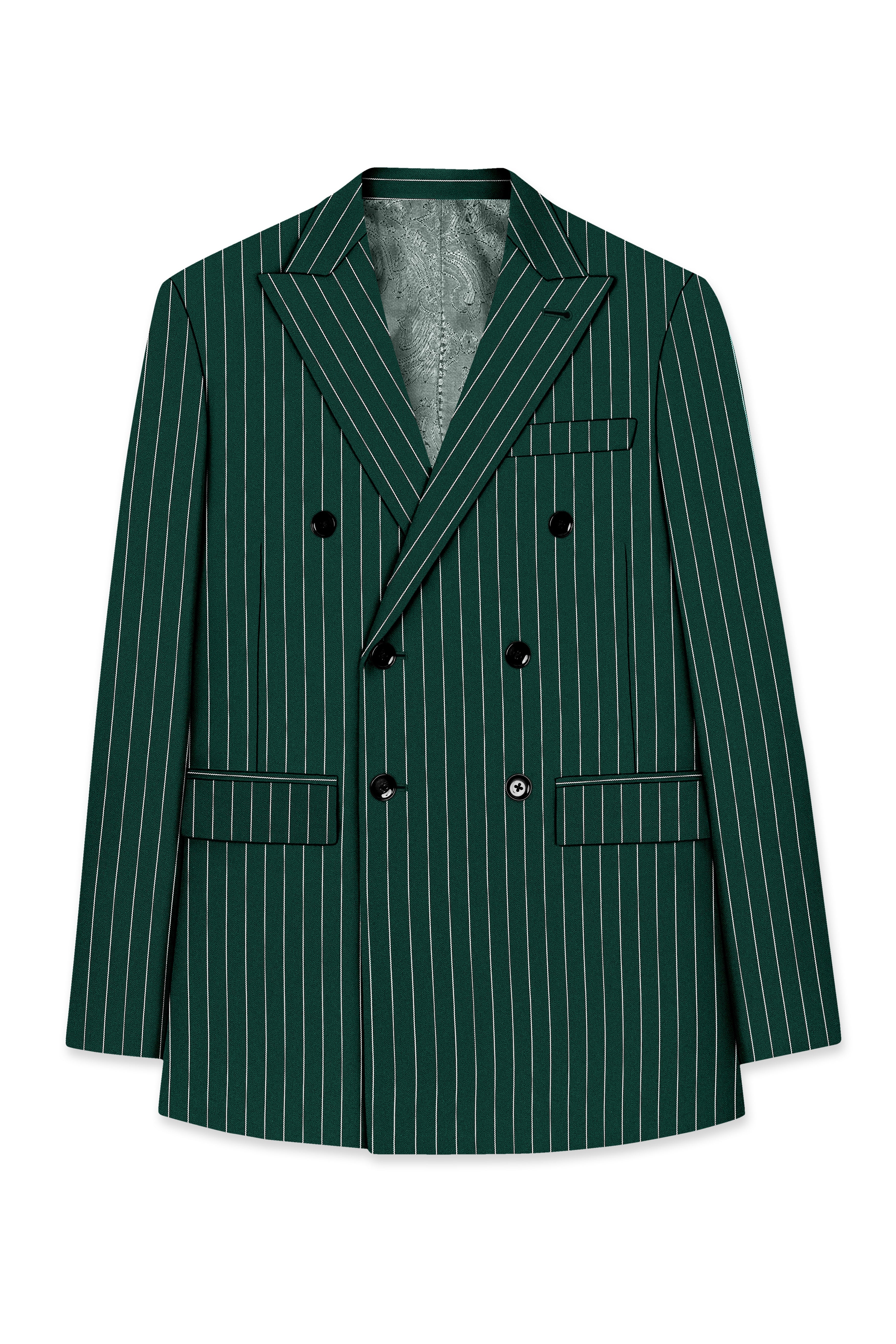 Arbor-Timber Green Herringbone Striped Wool Rich Slight Stretch Double Breasted Suit