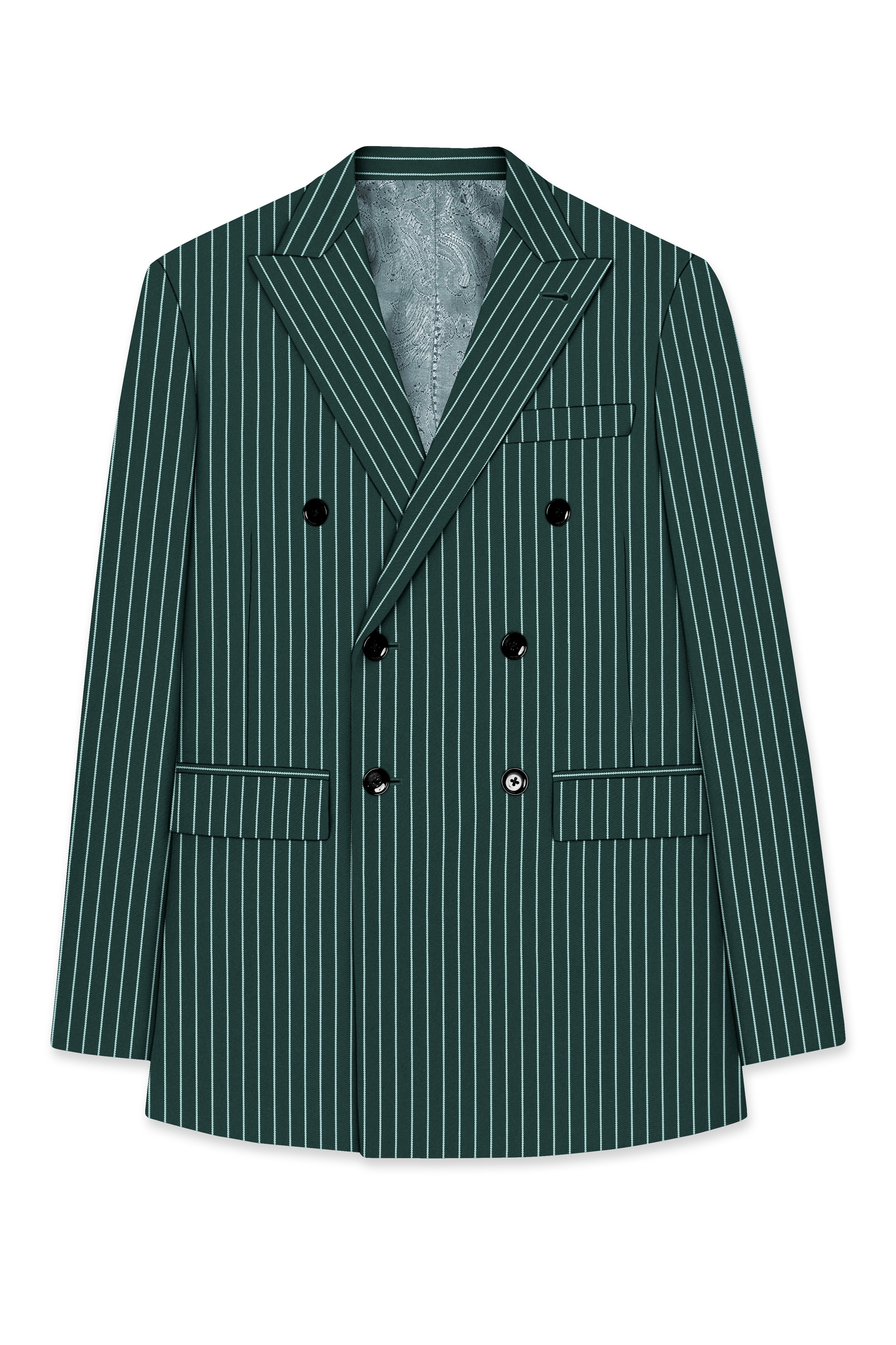 Forenza-Jungle Green And Bright White Chalk Striped Wool Rich Slight Stretch Double Breasted Suit