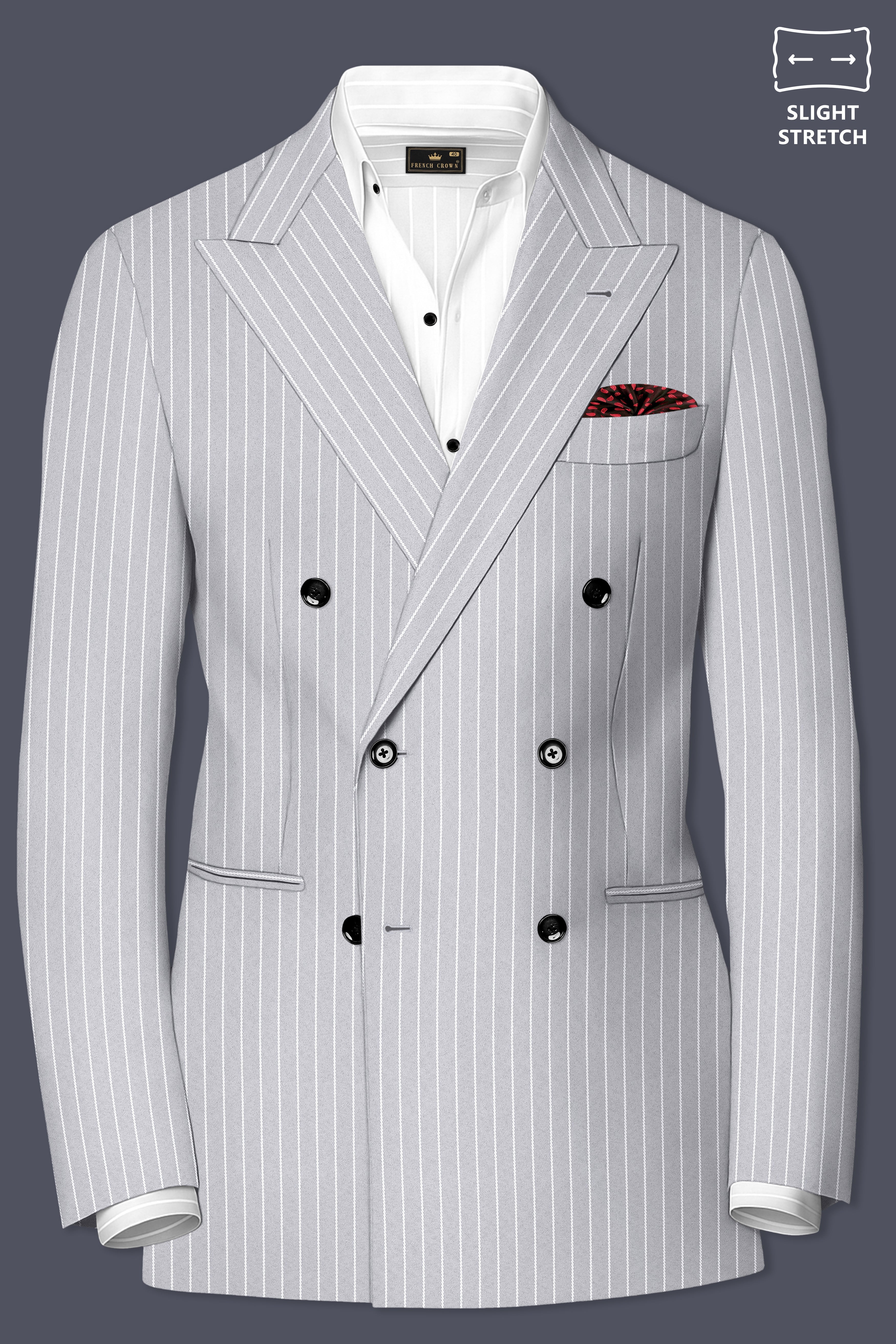 Sterlan-Goose Gray And Bright White Chalk Striped Wool Rich Slight Stretch Double Breasted Suit