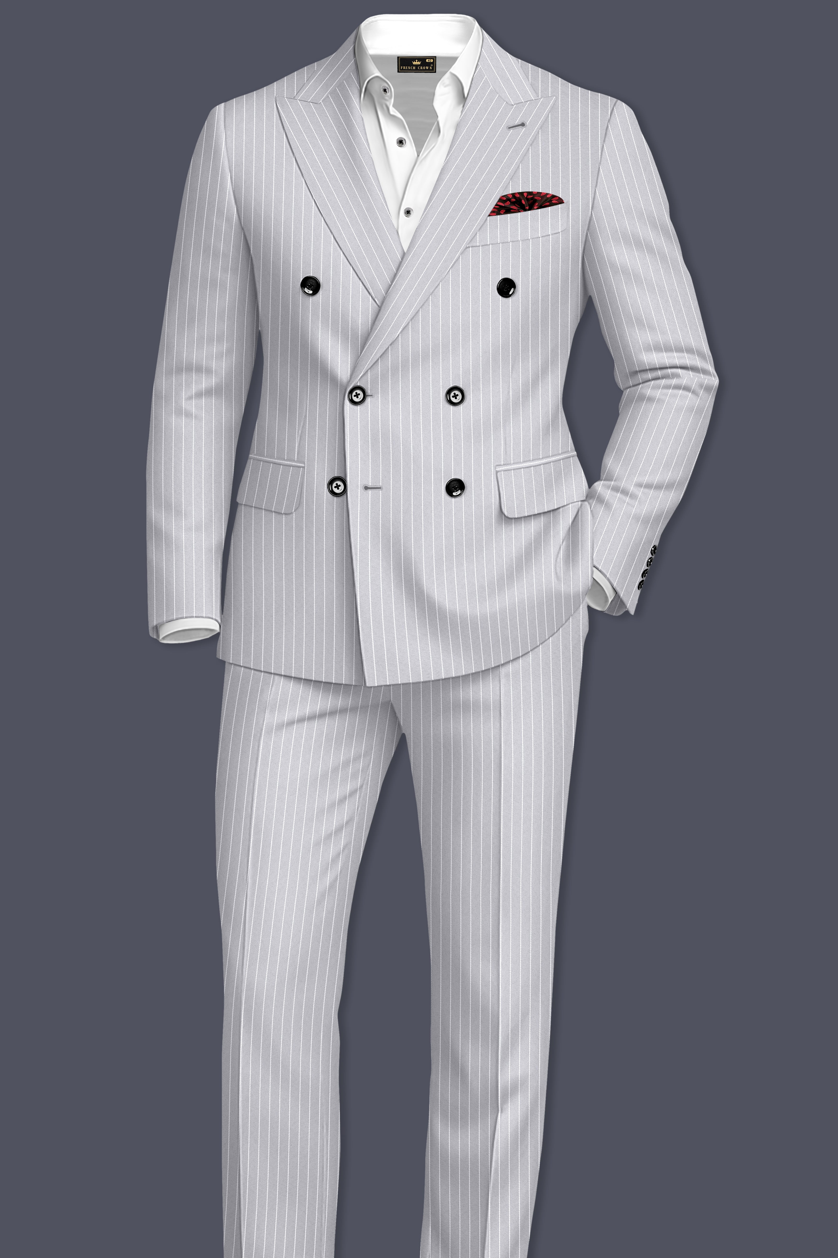 Sterlan-Goose Gray And Bright White Chalk Striped Wool Rich Slight Stretch Double Breasted Suit