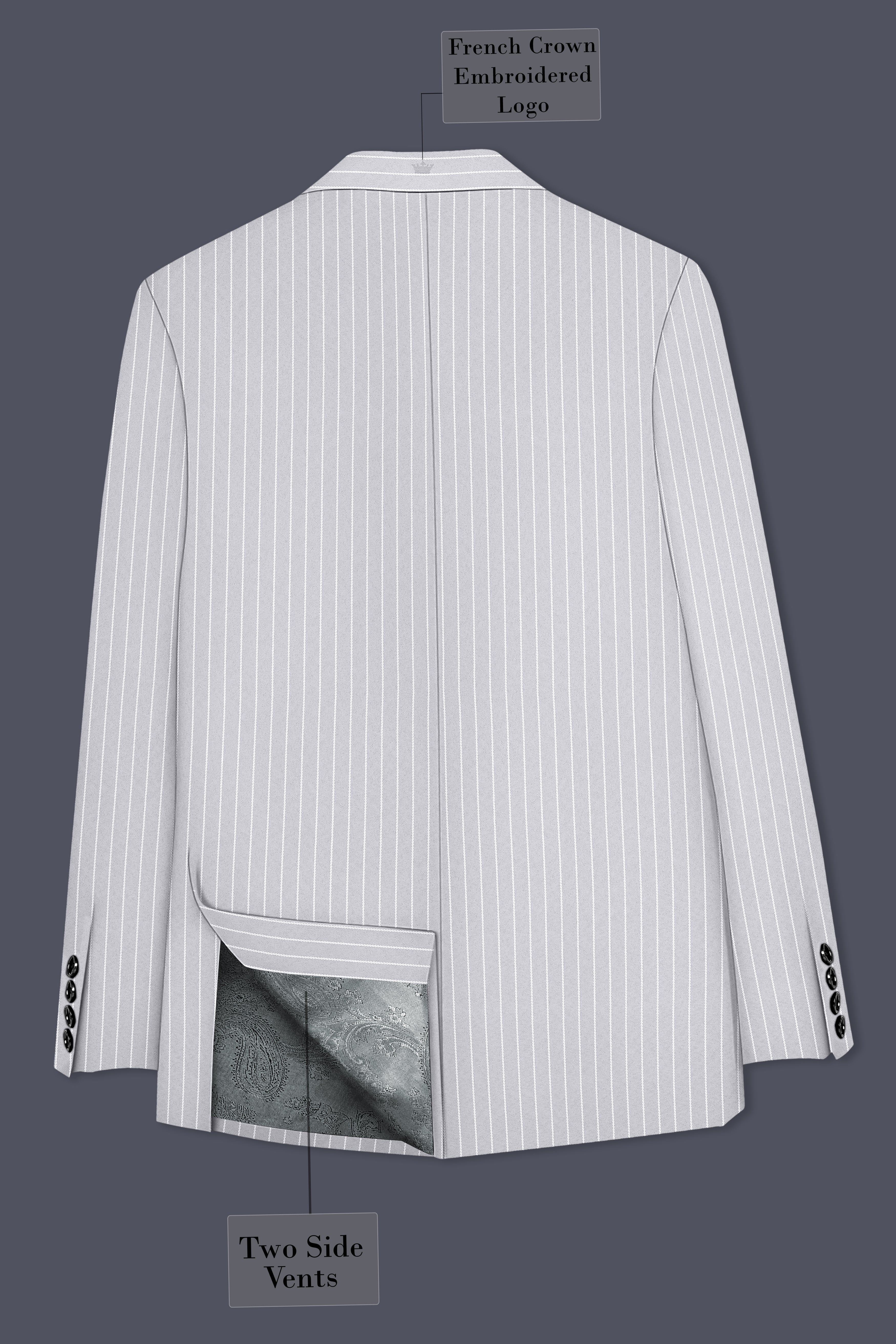 Sterlan-Goose Gray And Bright White Chalk Striped Wool Rich Slight Stretch Double Breasted Suit