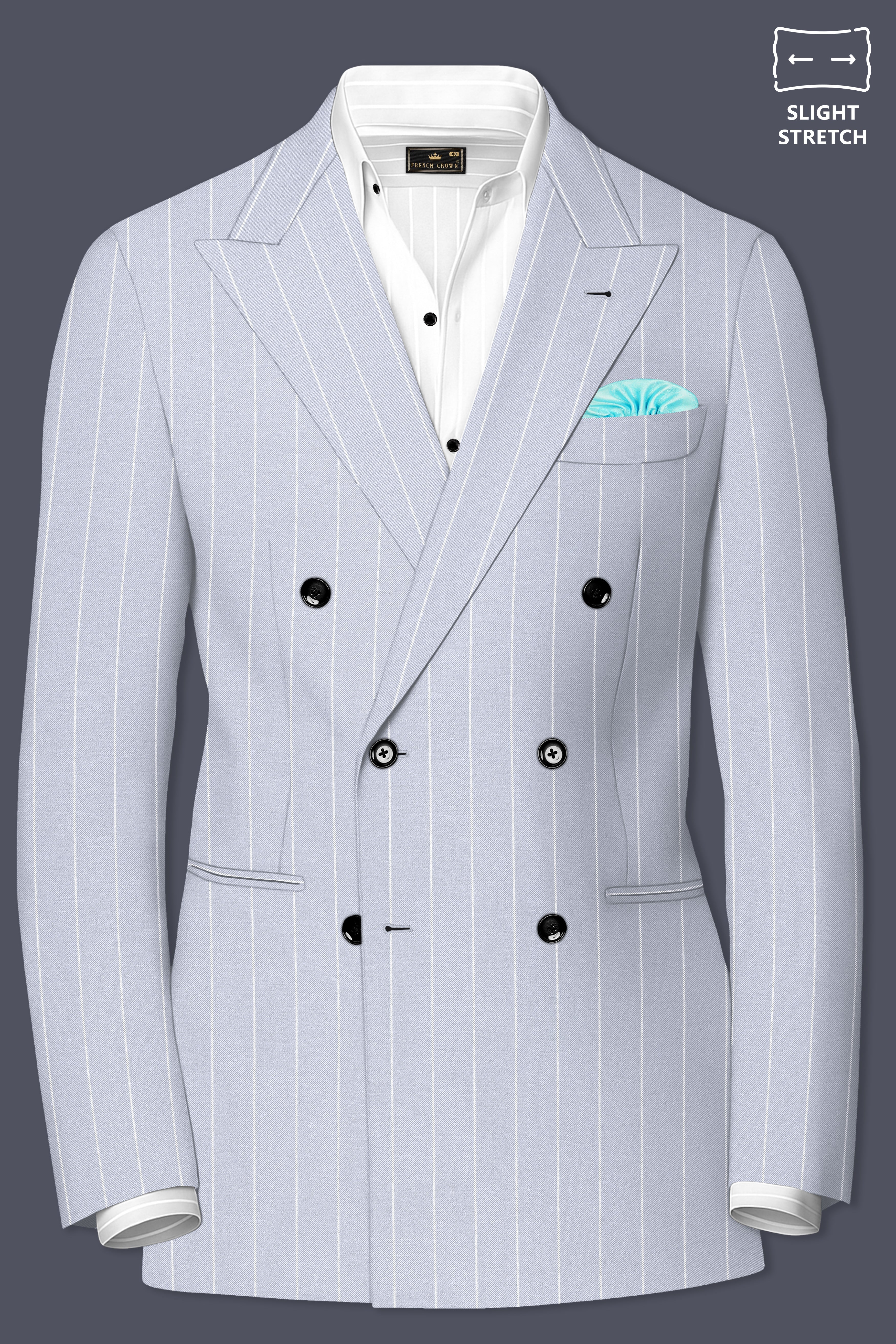 Axiom-Loblolly Gray And Bright White Chalk Striped Wool Rich Slight Stretch Double Breasted Suit