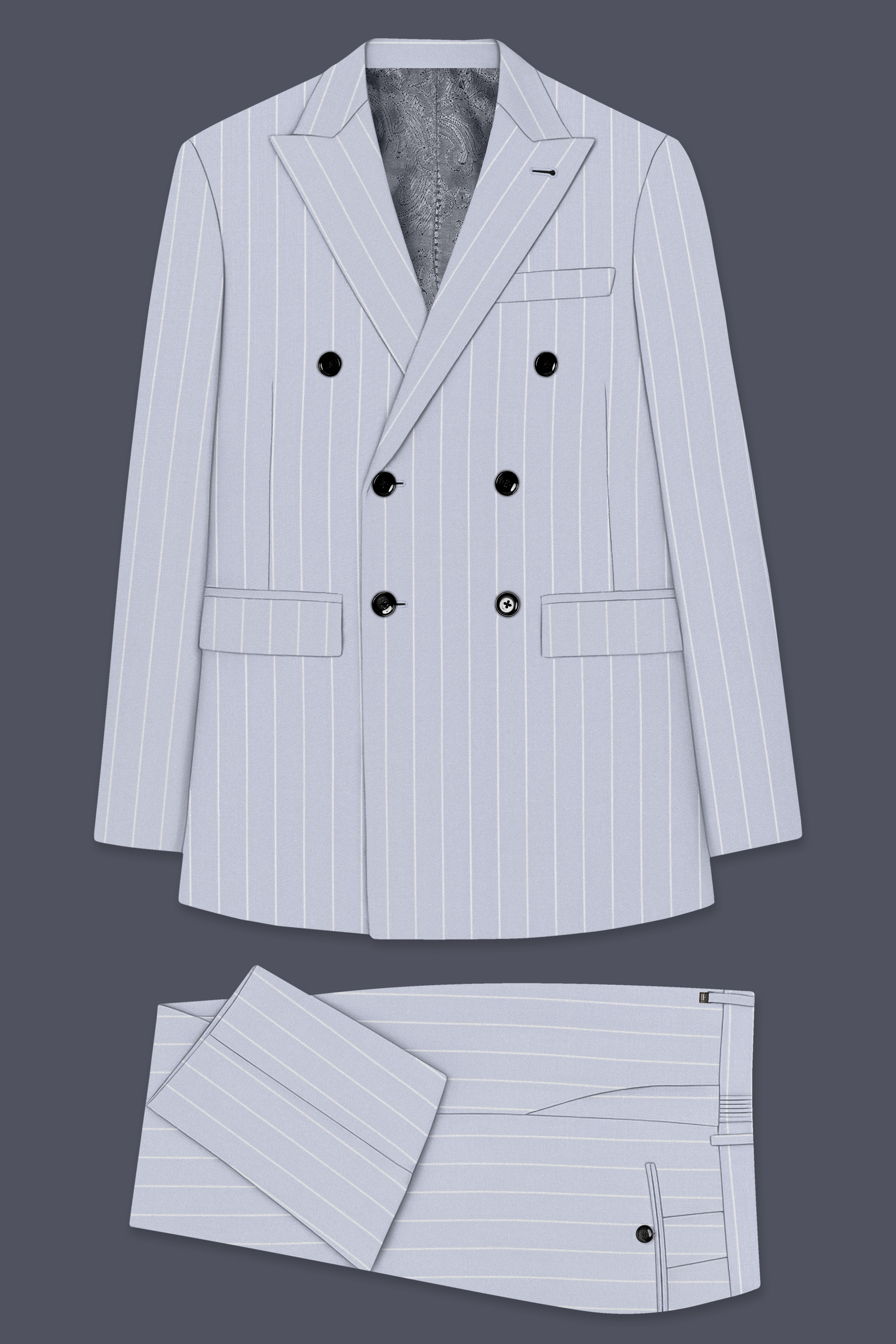Axiom-Loblolly Gray And Bright White Chalk Striped Wool Rich Slight Stretch Double Breasted Suit