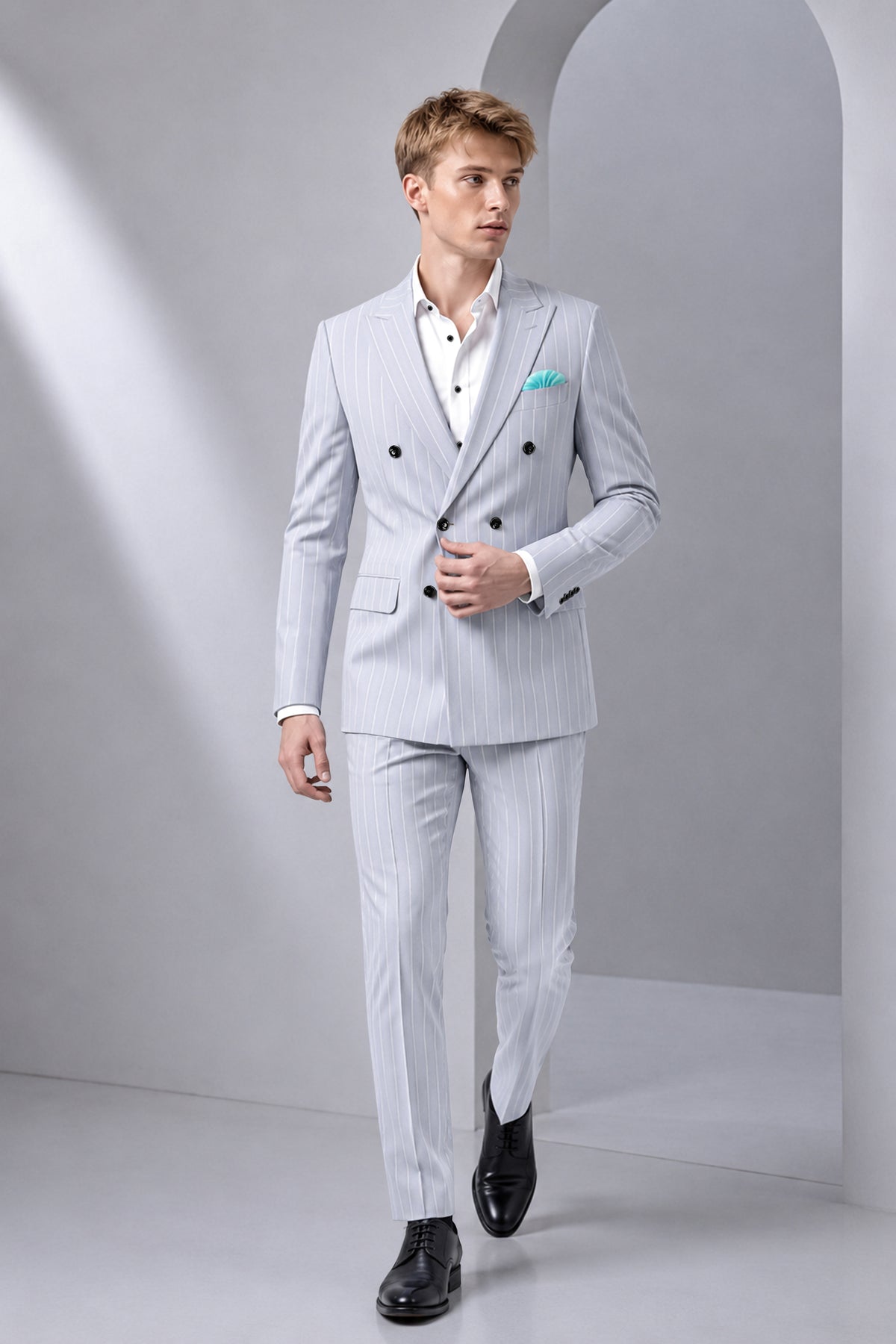 Axiom-Loblolly Gray And Bright White Chalk Striped Wool Rich Slight Stretch Double Breasted Suit