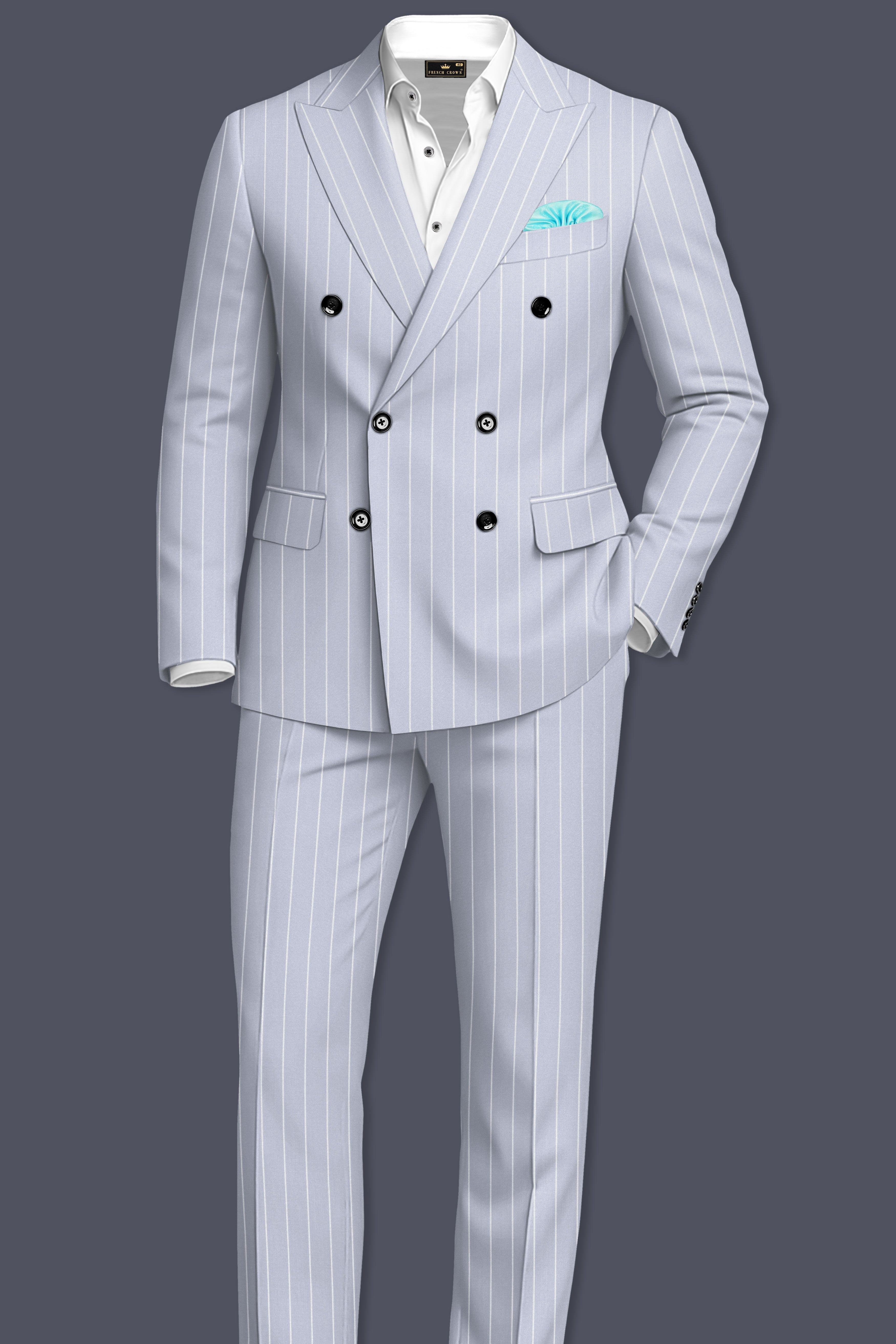 Axiom-Loblolly Gray And Bright White Chalk Striped Wool Rich Slight Stretch Double Breasted Suit