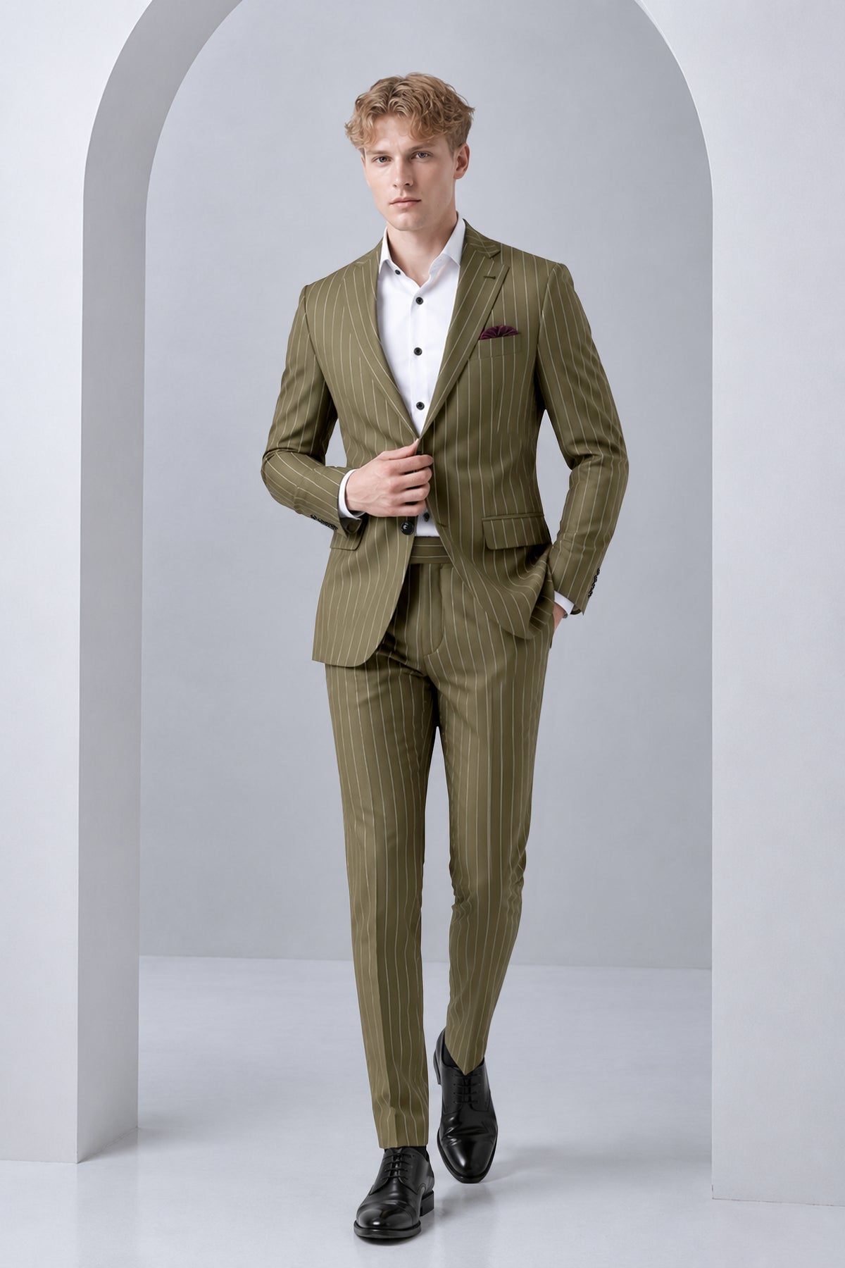 Pinacle-Hamlock Brown And Bright White Chalk Striped Wool Rich Slight Stretch Single Breasted Suit