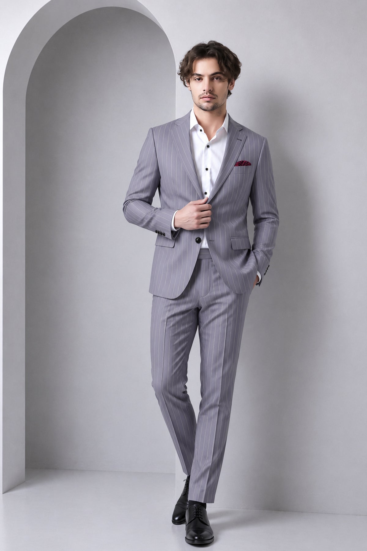 Regent-Mobster Gray And Bright White Chalk Striped Wool Rich Slight Stretch Single Breasted Suit