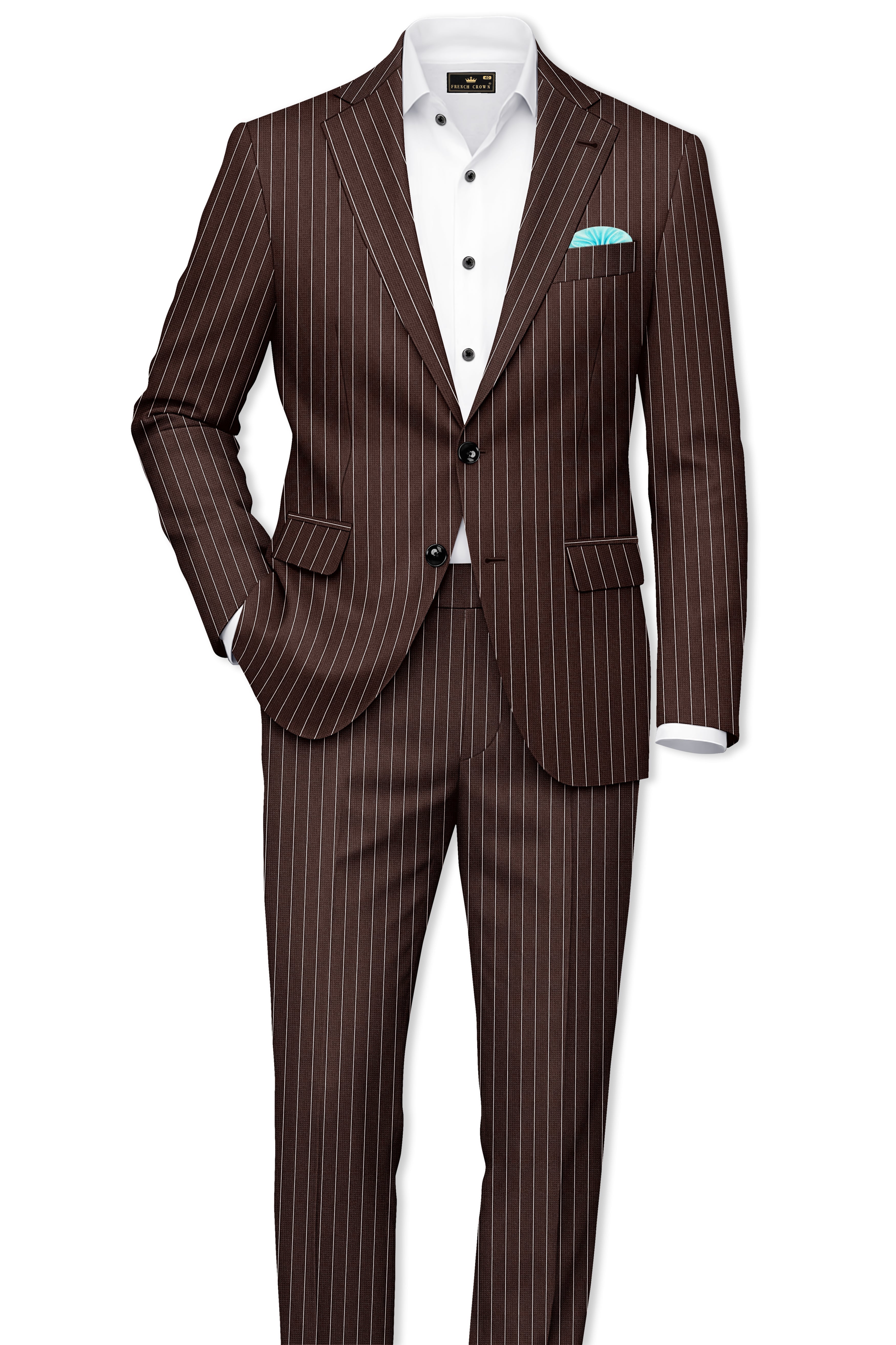 Bristol-Bistre Brown And Bright White Chalk Striped Wool Rich Slight Stretch Single Breasted Suit
