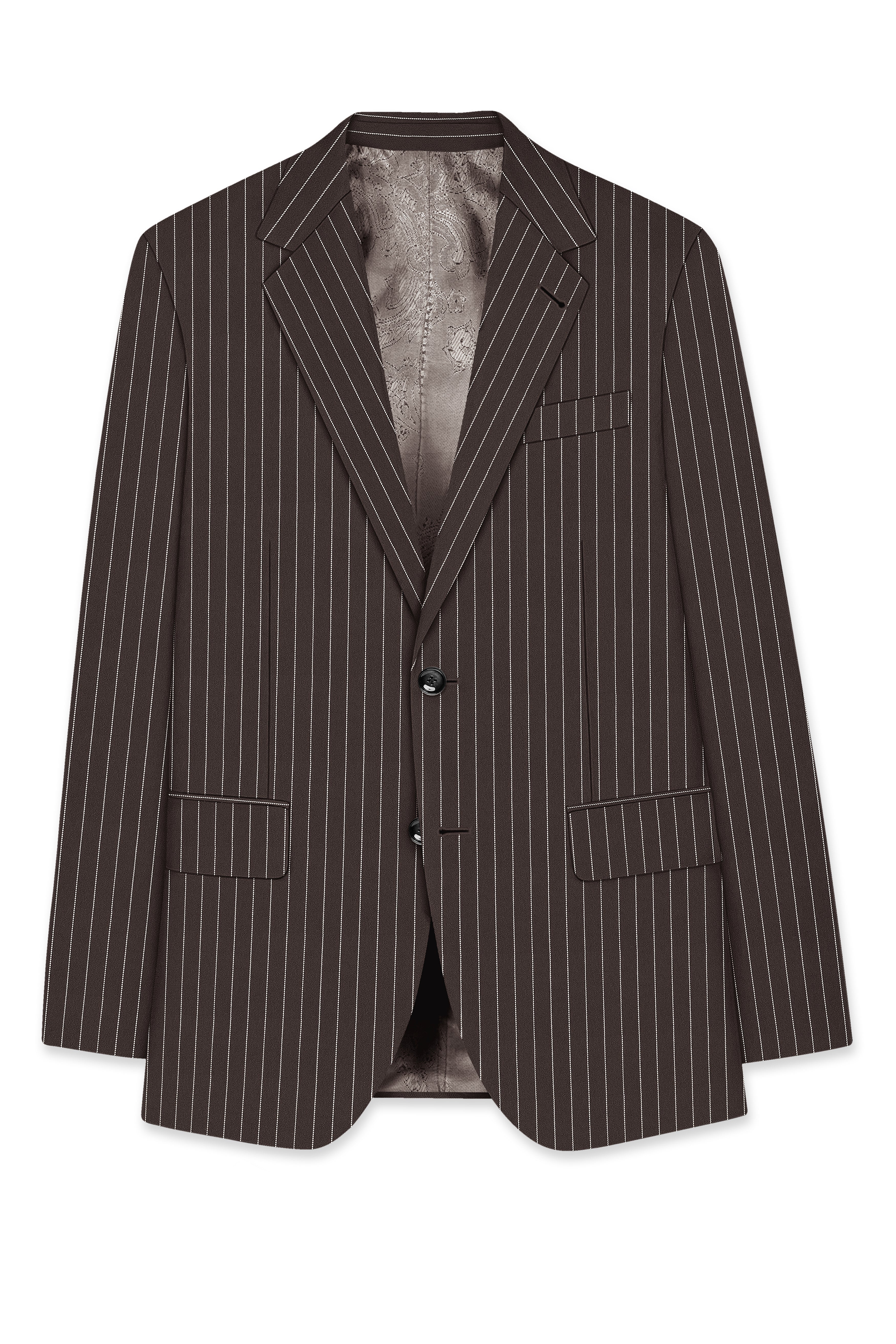 Sovereign-Umber Brown And Bright White Chalk Striped Wool Rich Slight Stretch Single Breasted Suit