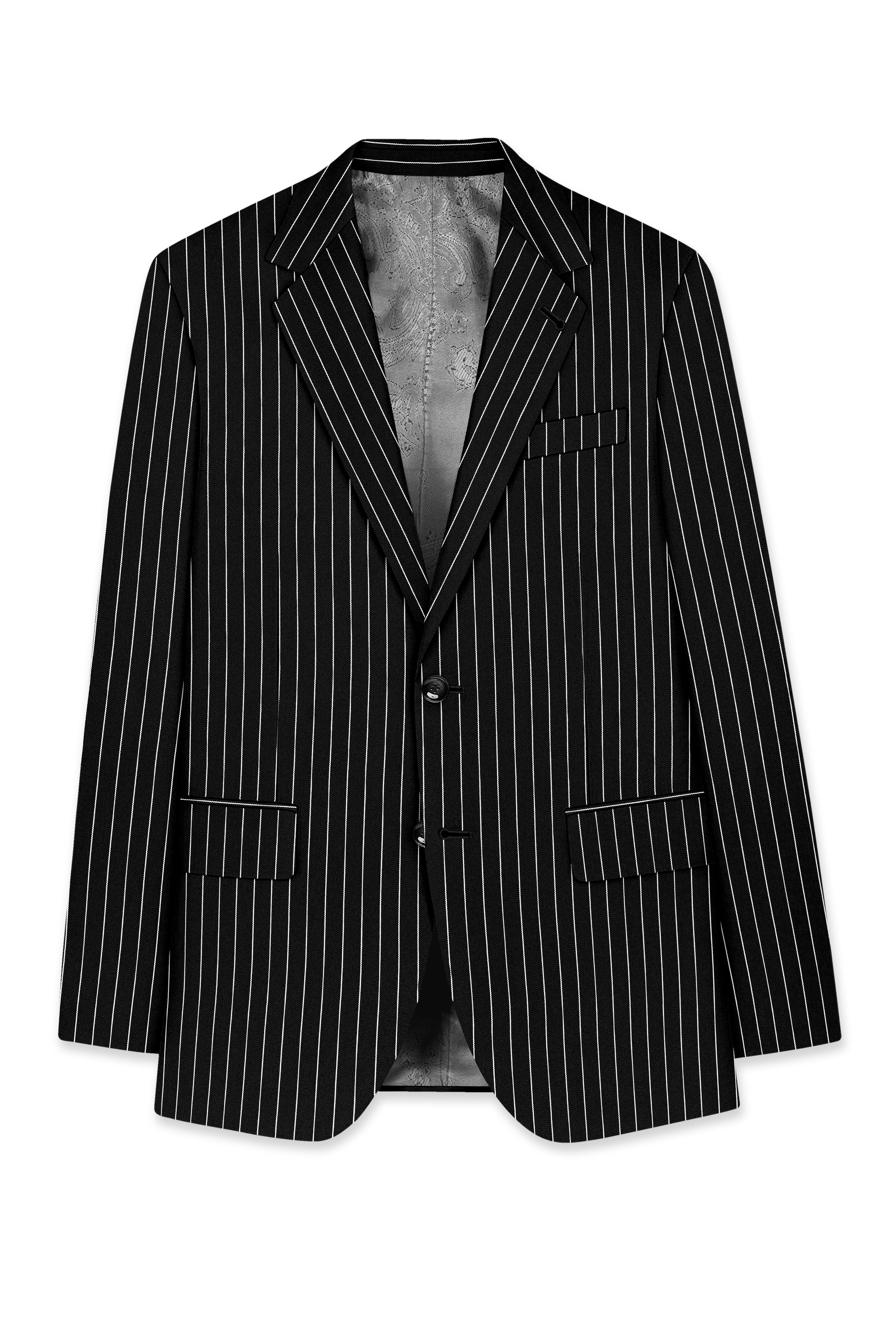 Noir-Jade Black Herringbone Striped Wool Rich Slight Stretch Single Breasted Suit