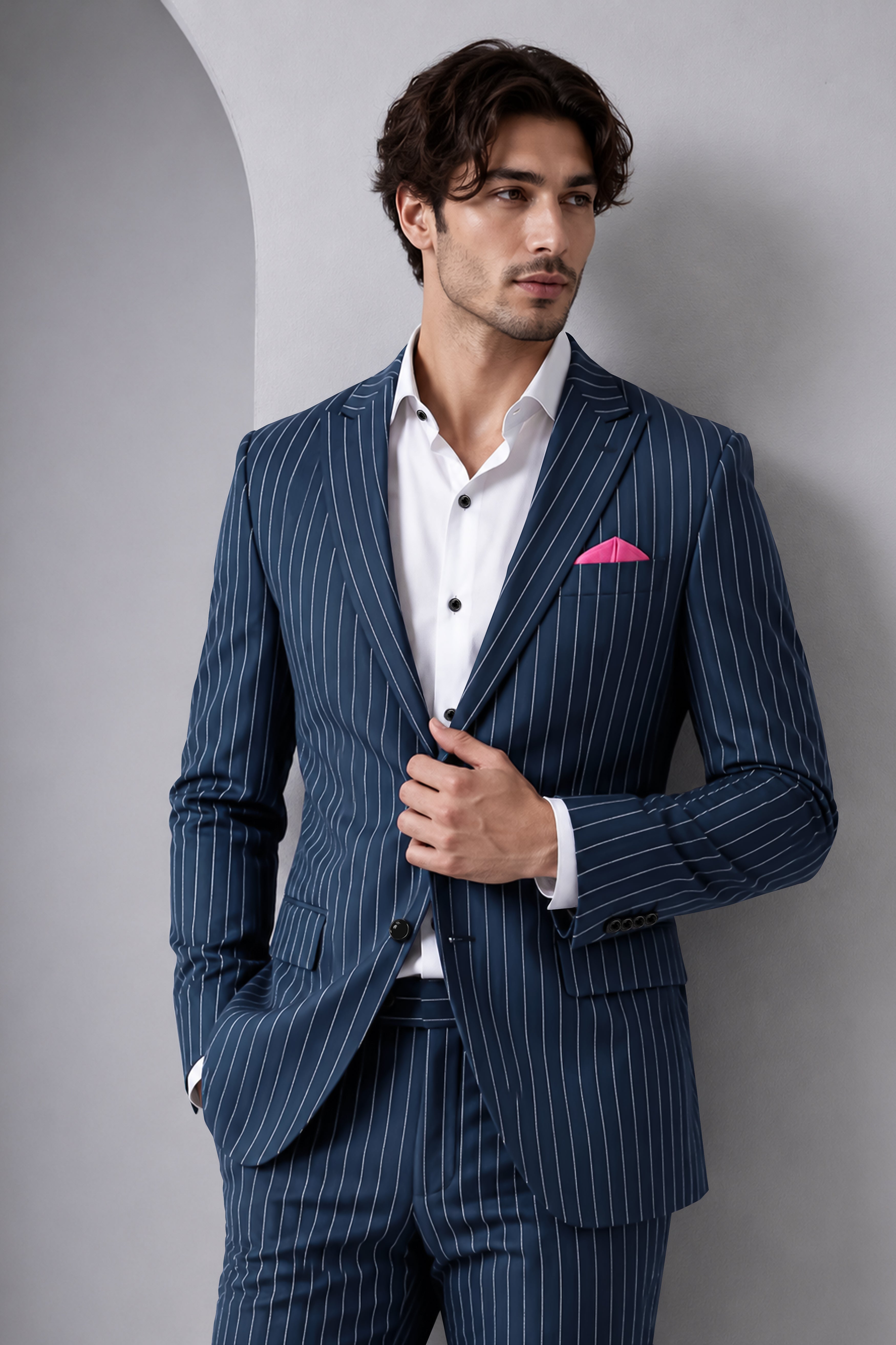 Astris-Space Blue Herringbone Striped Wool Rich Slight Stretch Single Breasted Suit