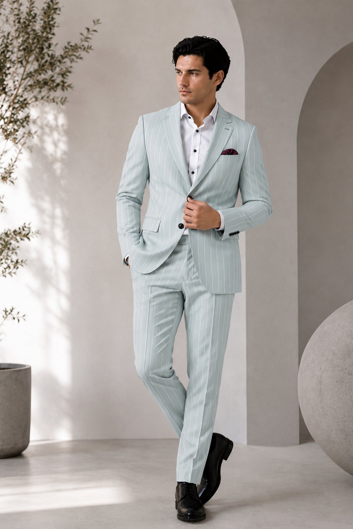 Slate-Tiara Gray And Bright White Chalk Striped Wool Rich Slight Stretch Single Breasted Suit