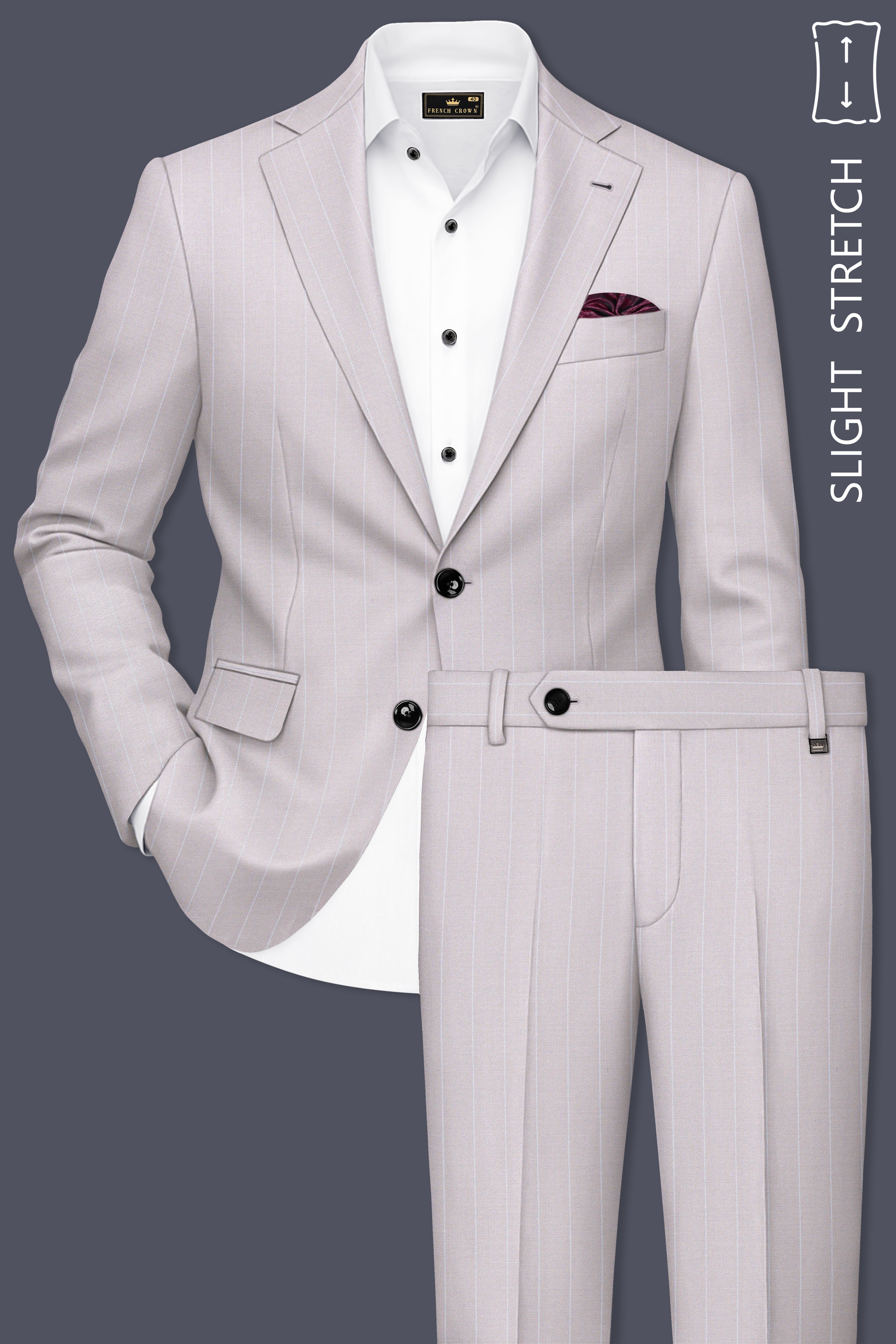 Roselle-Thistle Pink And Bright White Chalk Striped Wool Rich Slight Stretch Single Breasted Suit