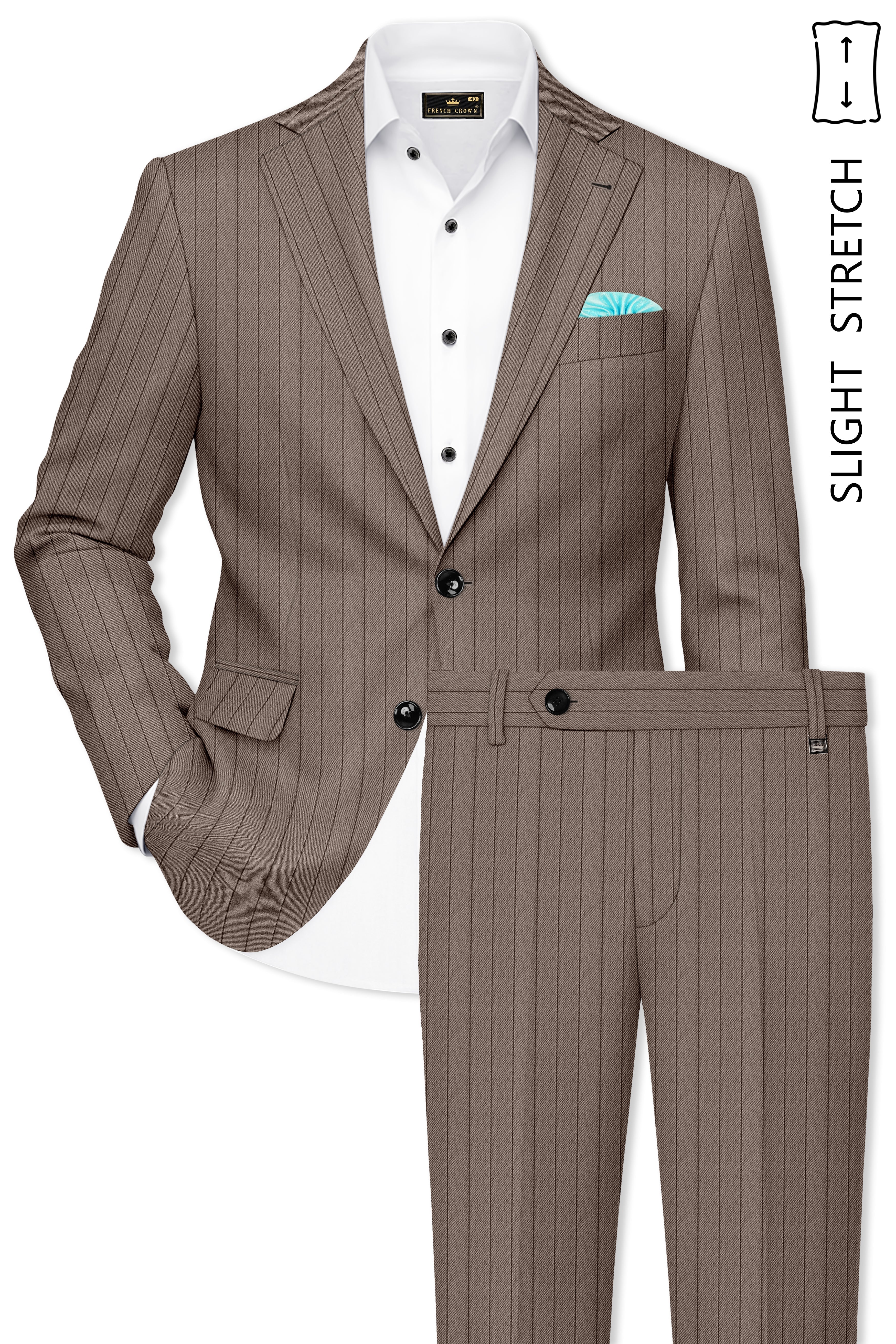 Obsidian-Fuscous Brown And Jade Black Chalk Striped Wool Rich Slight Stretch Single Breasted Suit
