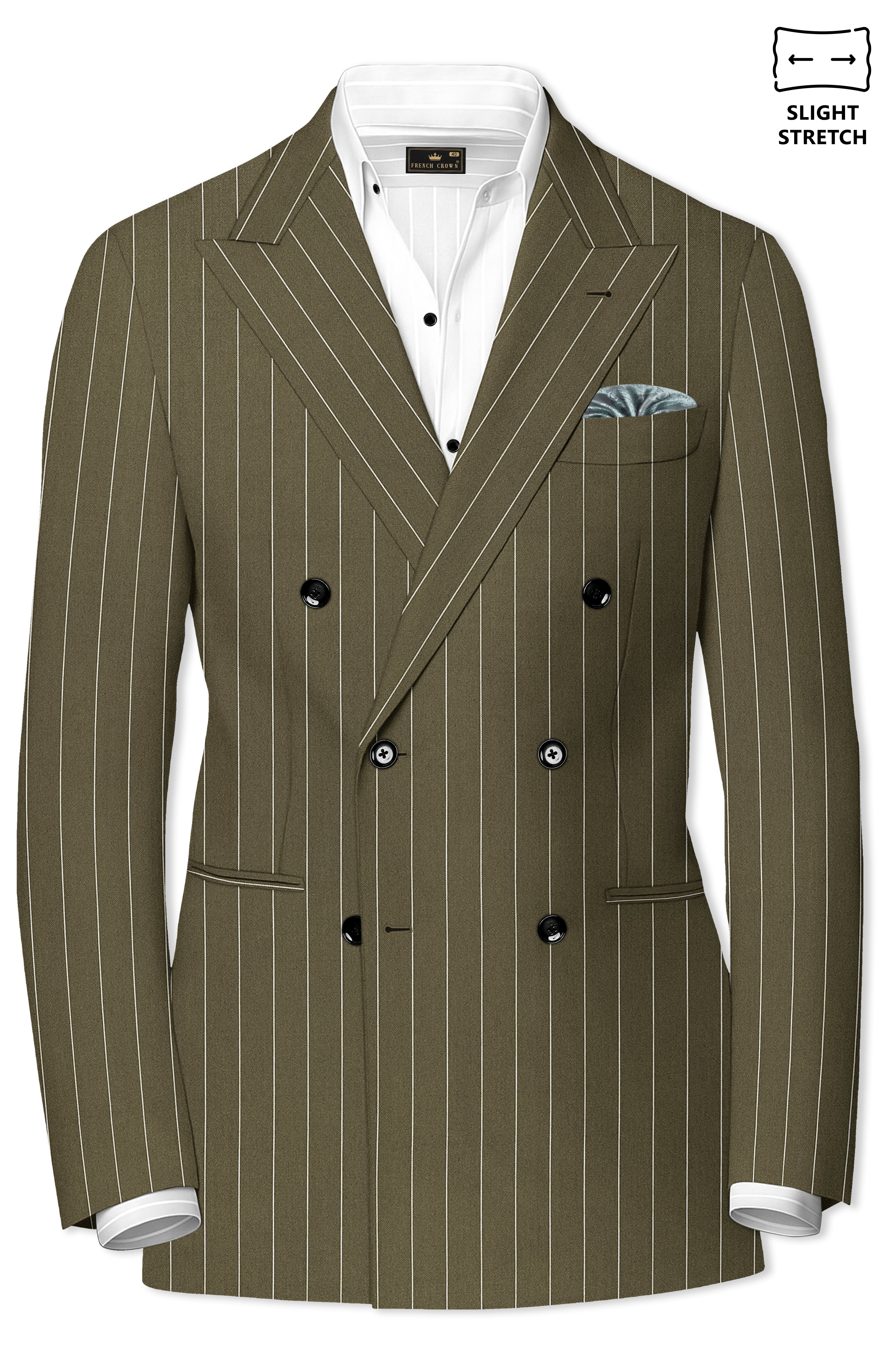 Pinacle-Hamlock Brown And Bright White Chalk Striped Wool Rich Slight Stretch Double Breasted Suit