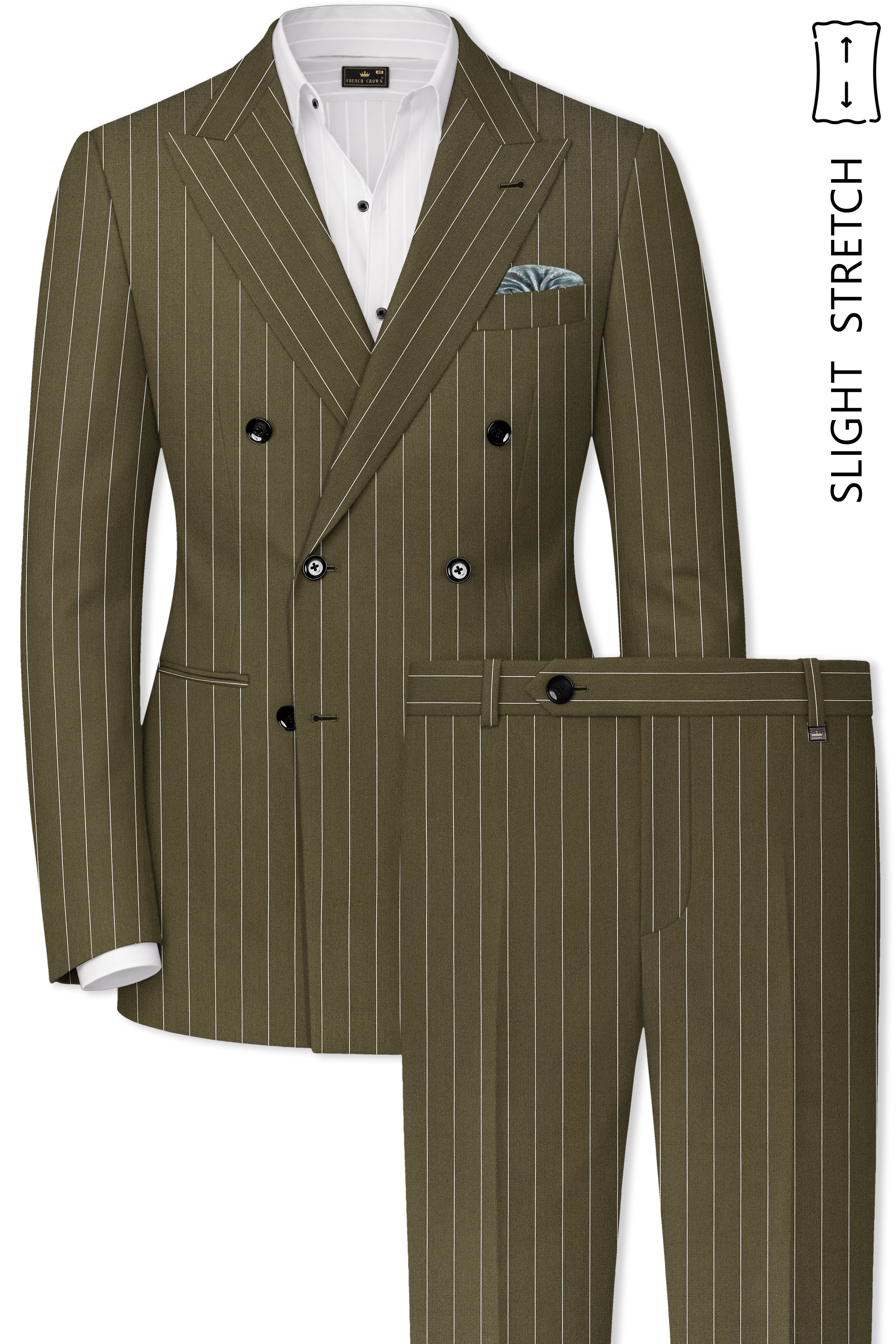 Pinacle-Hamlock Brown And Bright White Chalk Striped Wool Rich Slight Stretch Double Breasted Suit