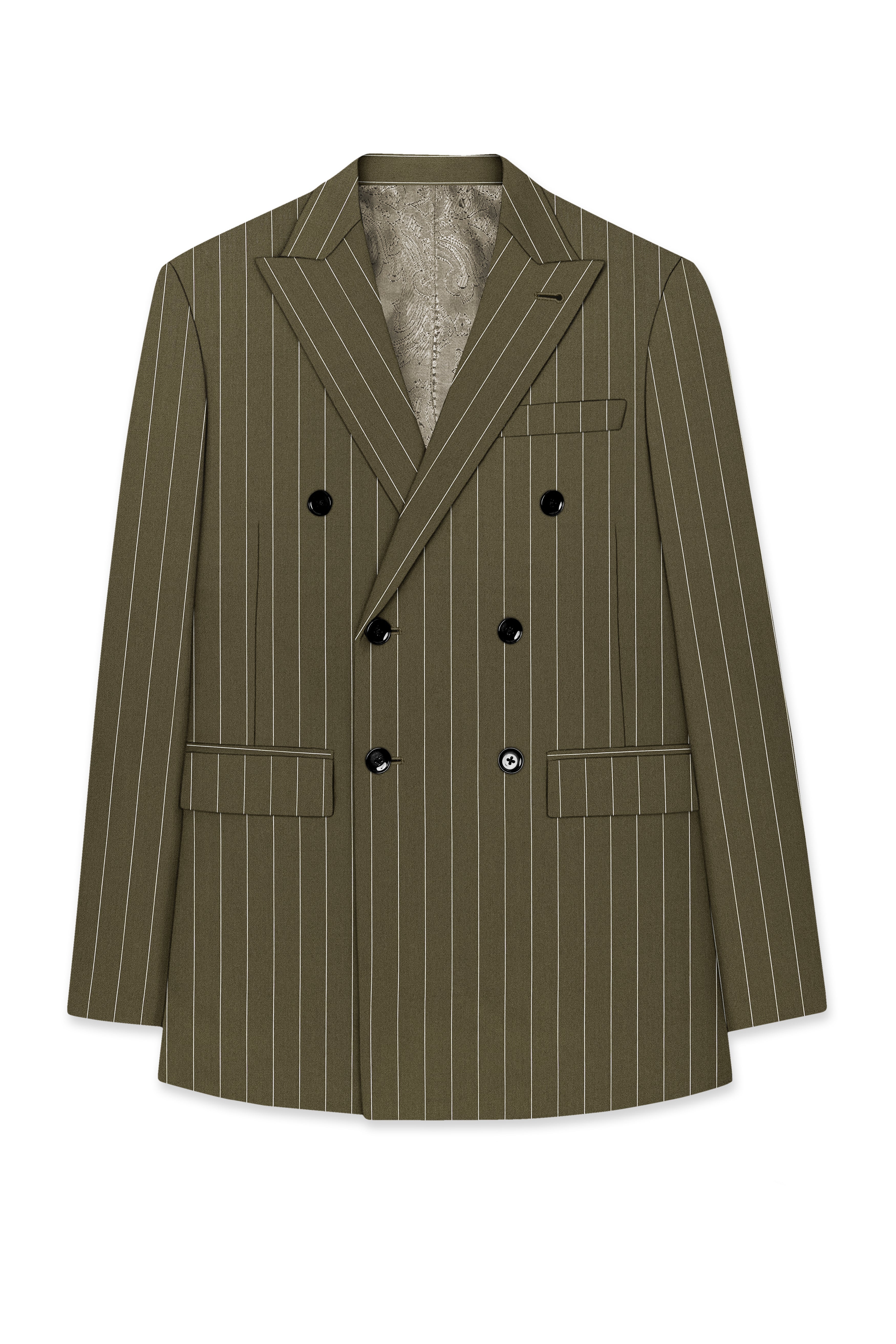 Pinacle-Hamlock Brown And Bright White Chalk Striped Wool Rich Slight Stretch Double Breasted Suit