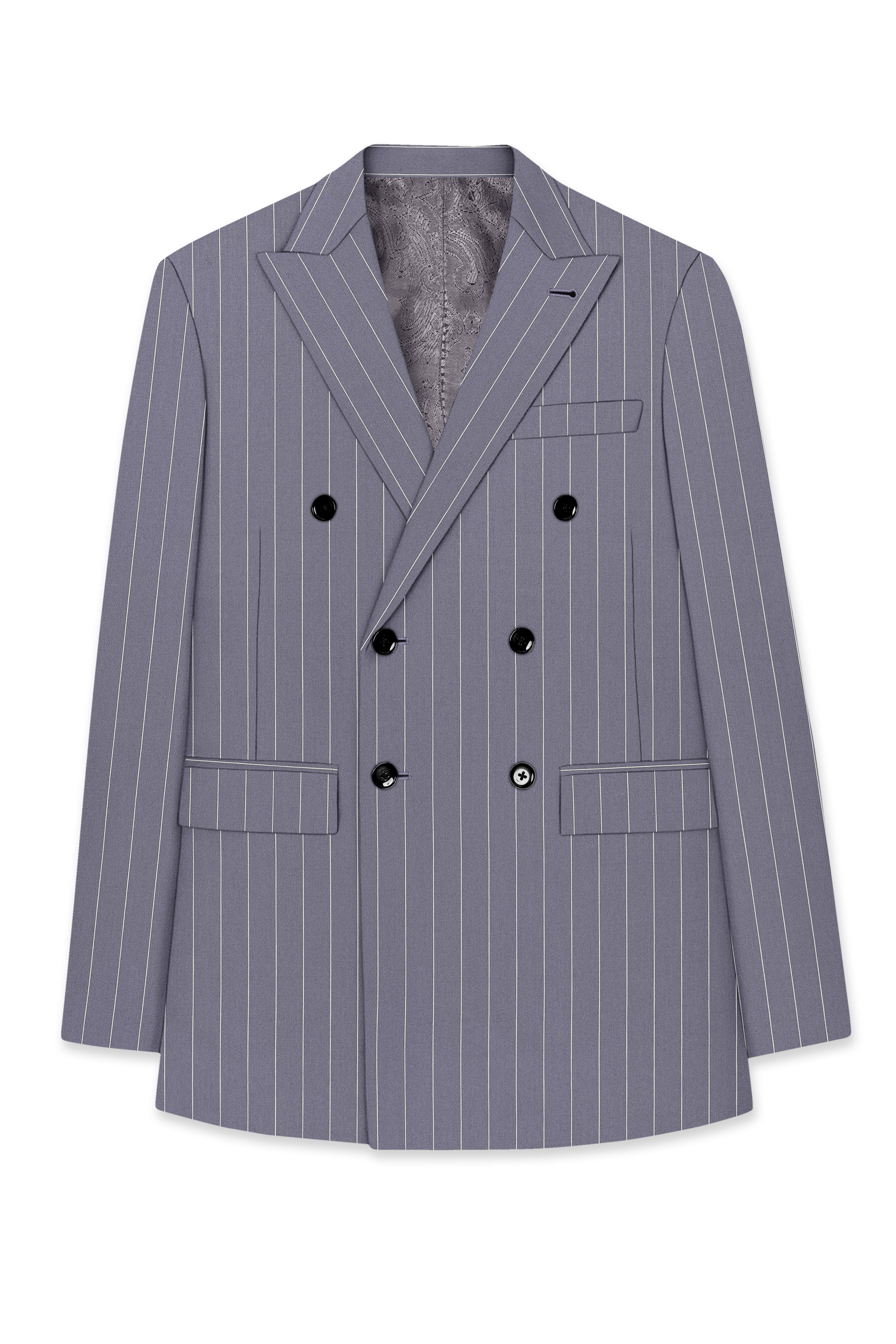 Regent-Mobster Gray And Bright White Chalk Striped Wool Rich Slight Stretch Double Breasted Suit