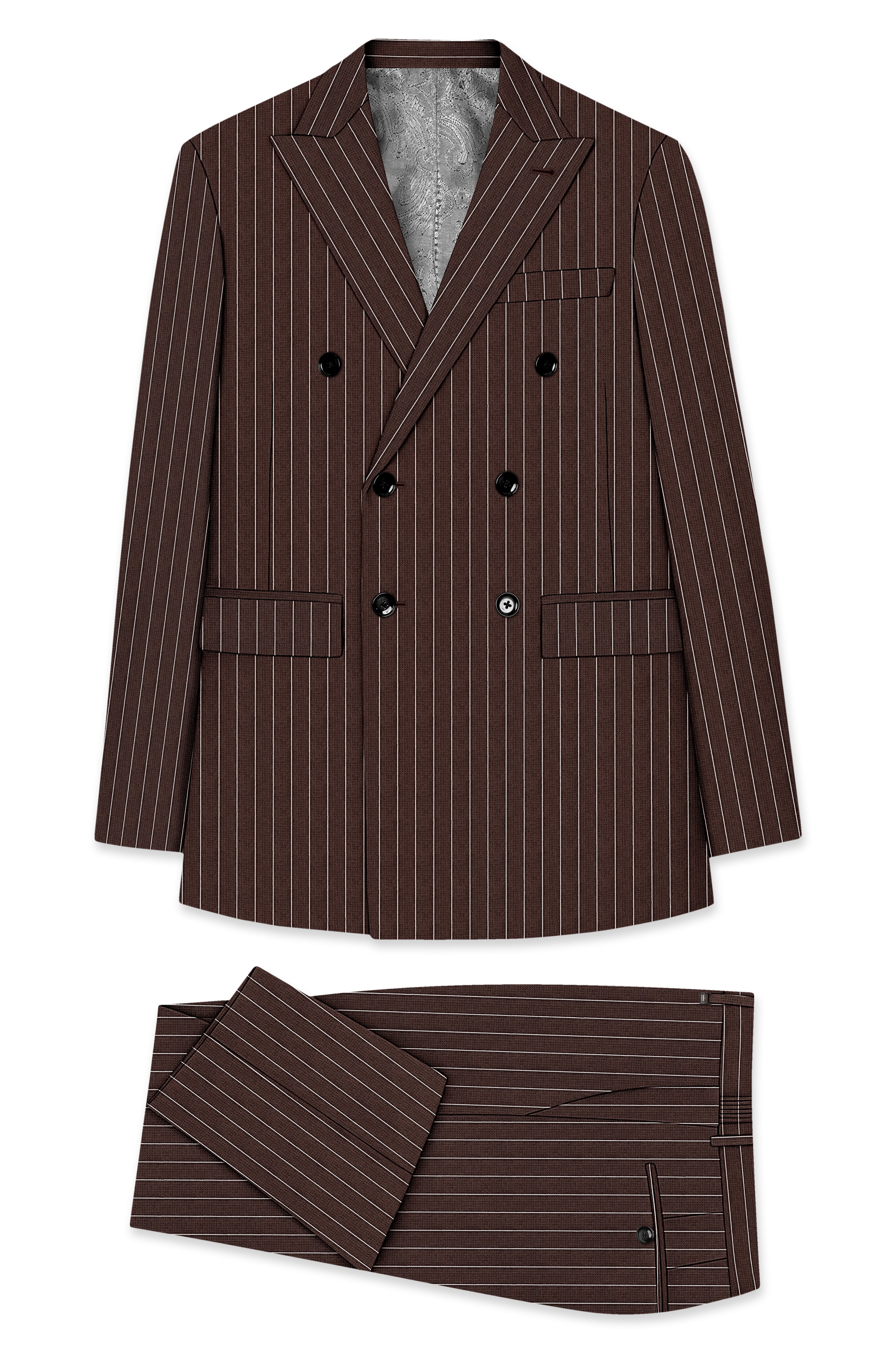 Bristol-Bistre Brown And Bright White Chalk Striped Wool Rich Slight Stretch Double Breasted Suit