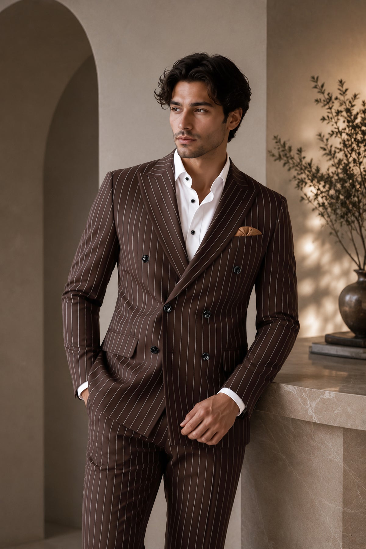 Bristol-Bistre Brown And Bright White Chalk Striped Wool Rich Slight Stretch Double Breasted Suit