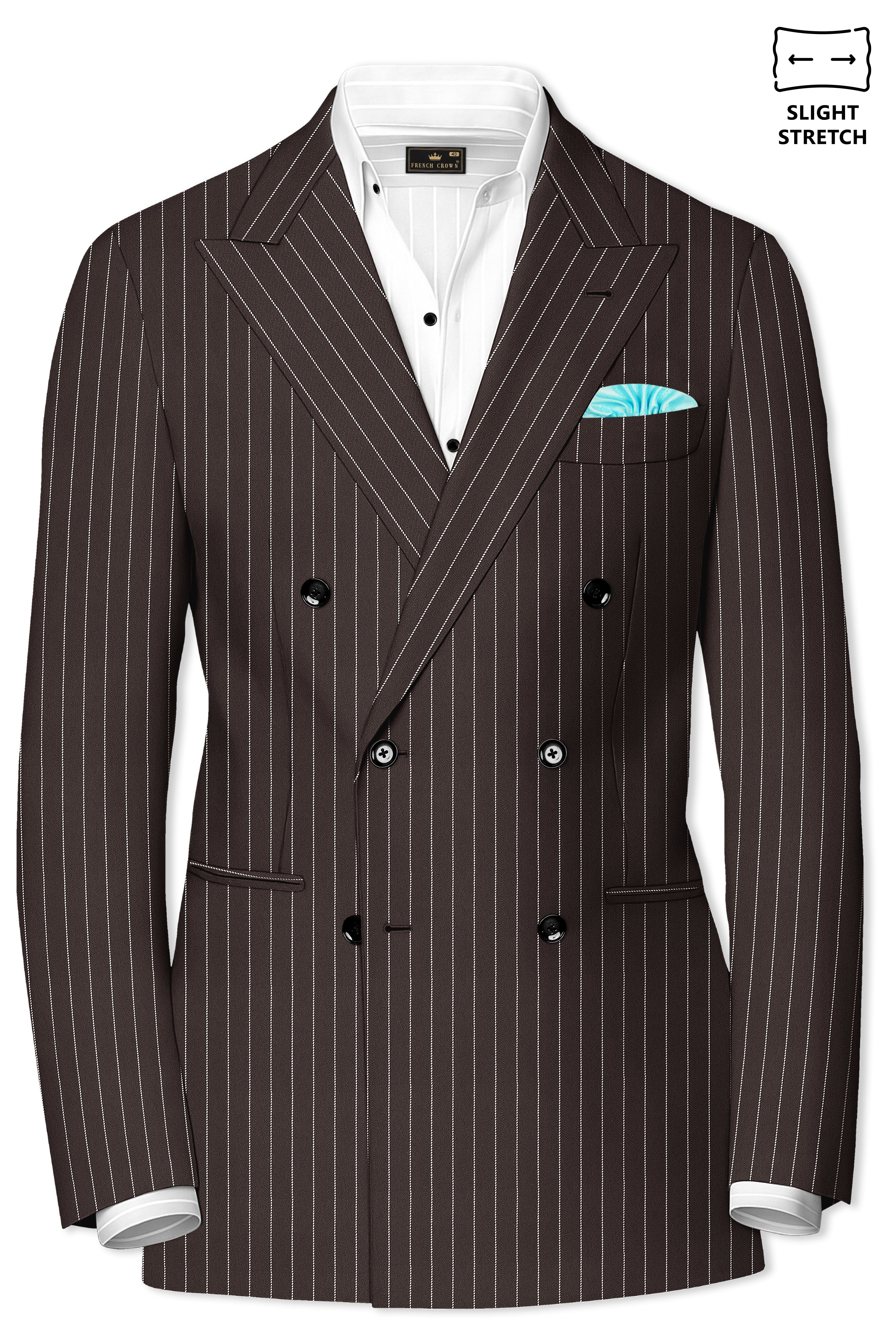 Sovereign-Umber Brown And Bright White Chalk Striped Wool Rich Slight Stretch Double Breasted Suit