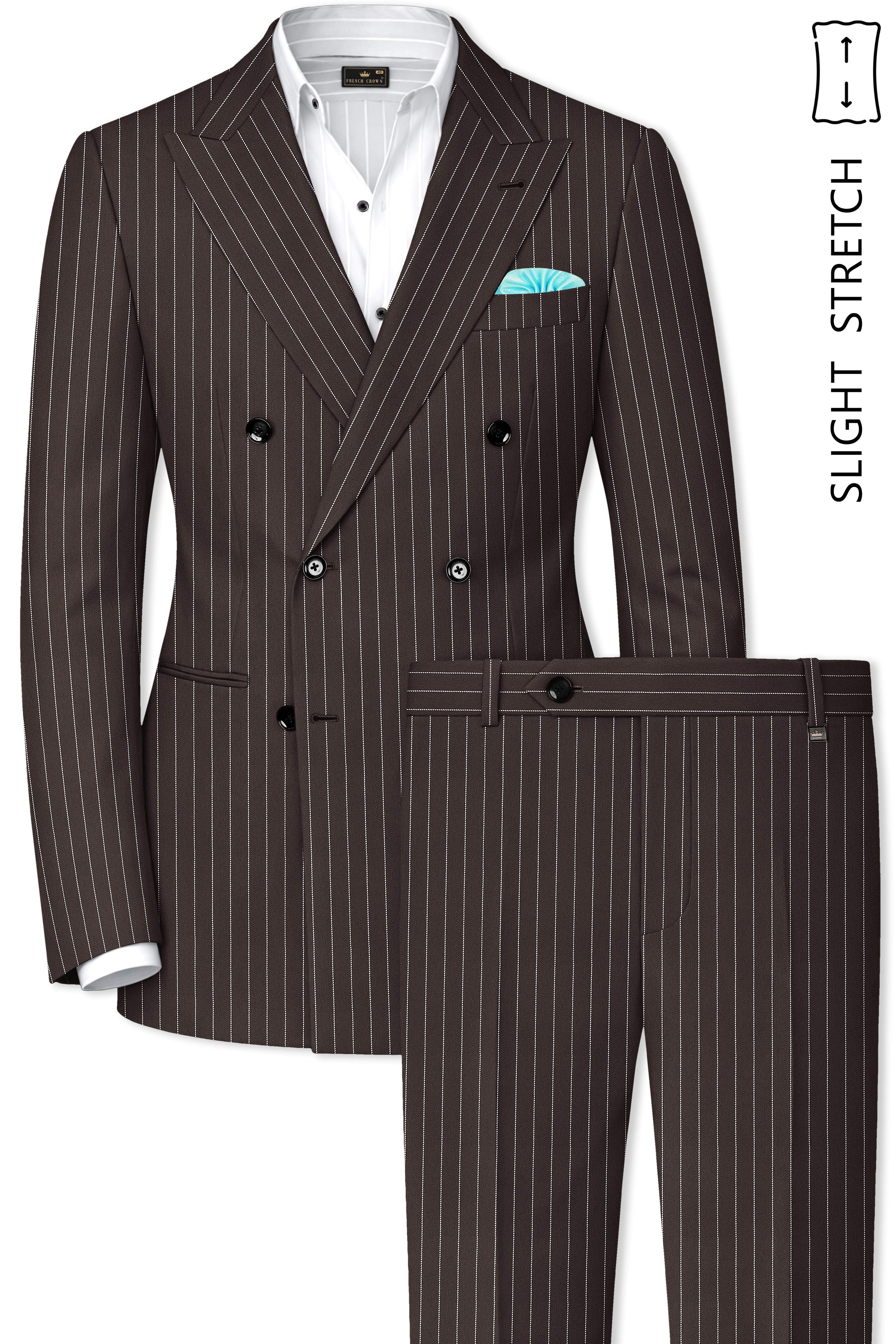 Sovereign-Umber Brown And Bright White Chalk Striped Wool Rich Slight Stretch Double Breasted Suit
