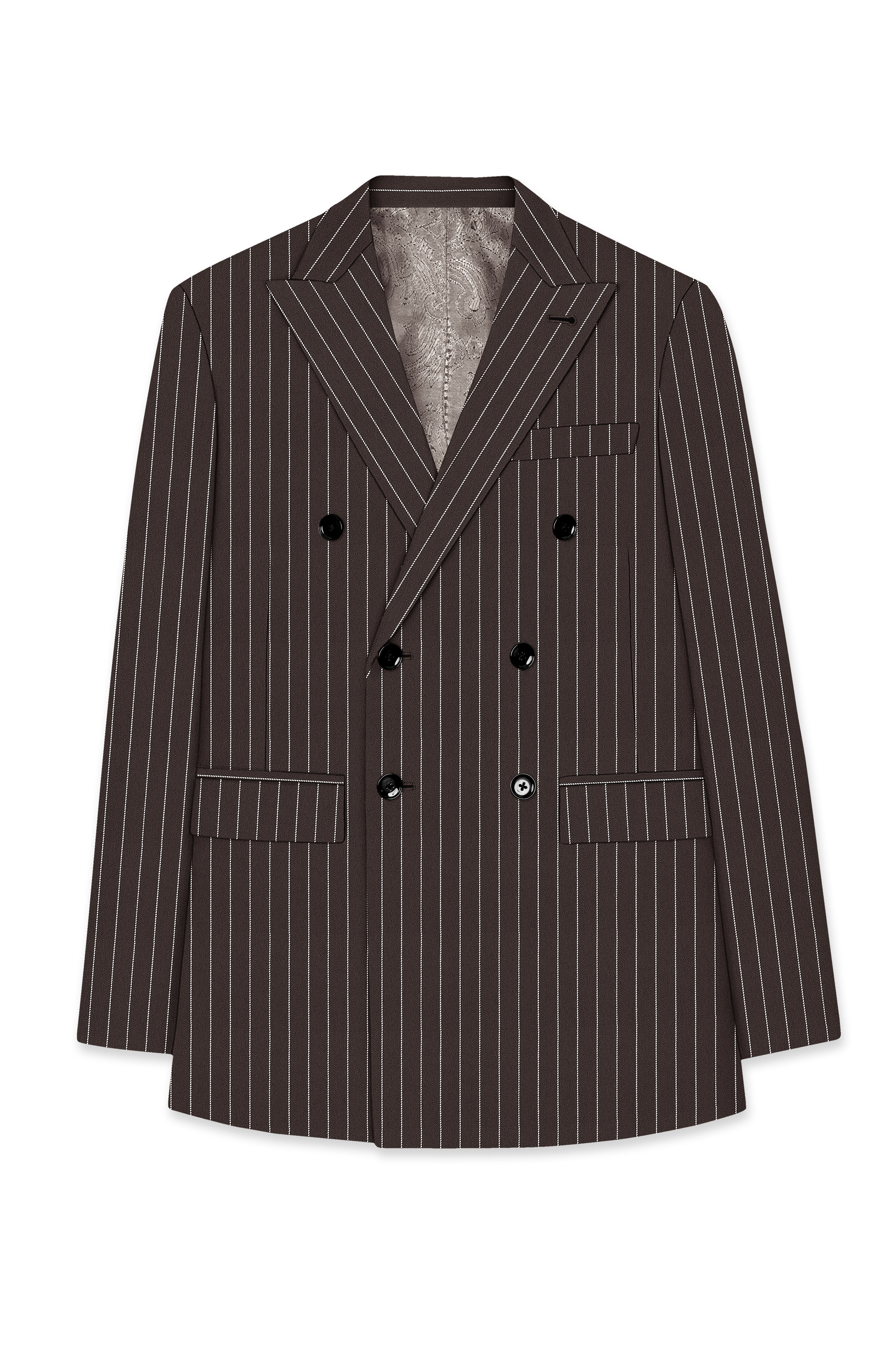 Sovereign-Umber Brown And Bright White Chalk Striped Wool Rich Slight Stretch Double Breasted Suit