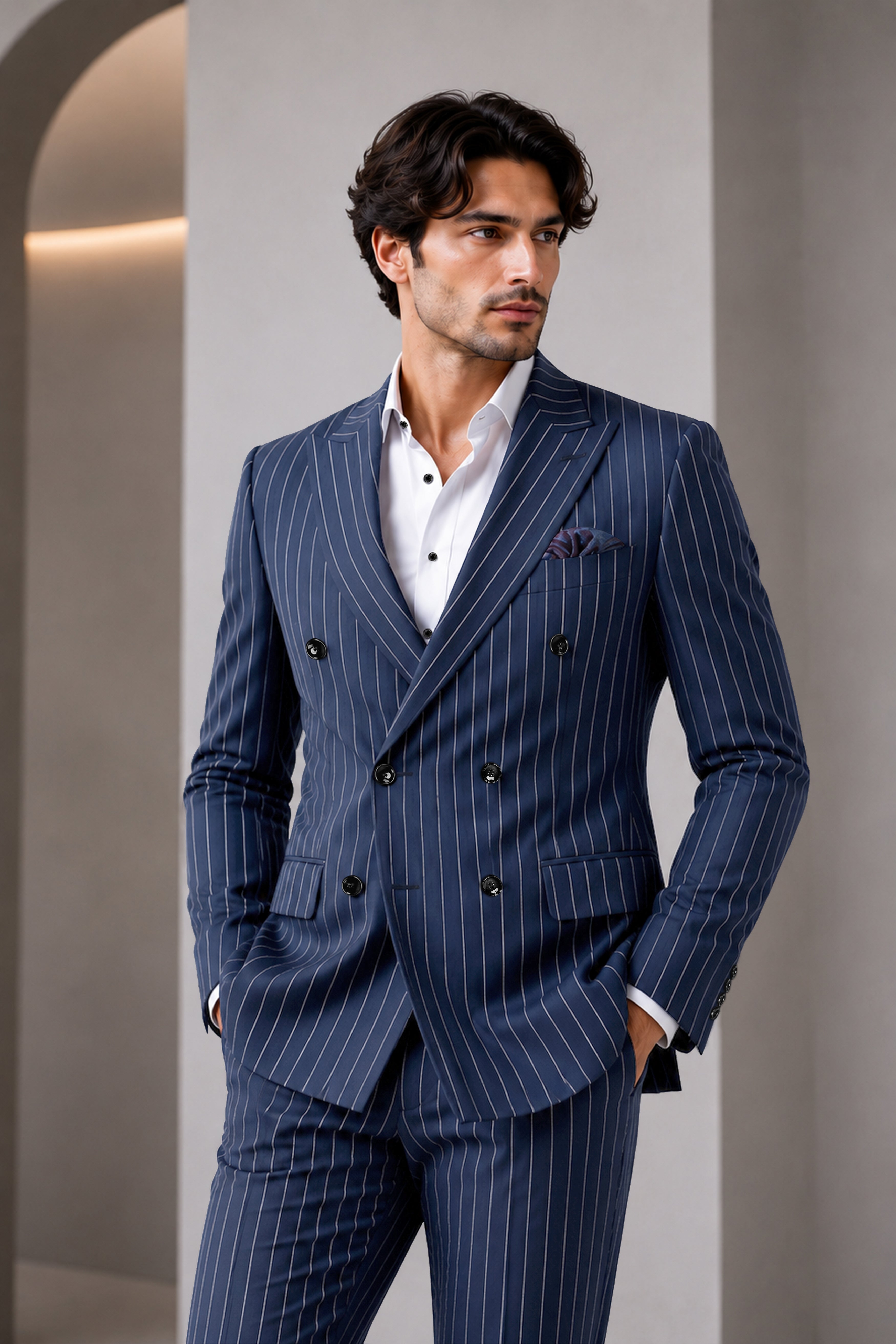Astris-Space Blue Herringbone Striped Wool Rich Slight Stretch Double Breasted Suit