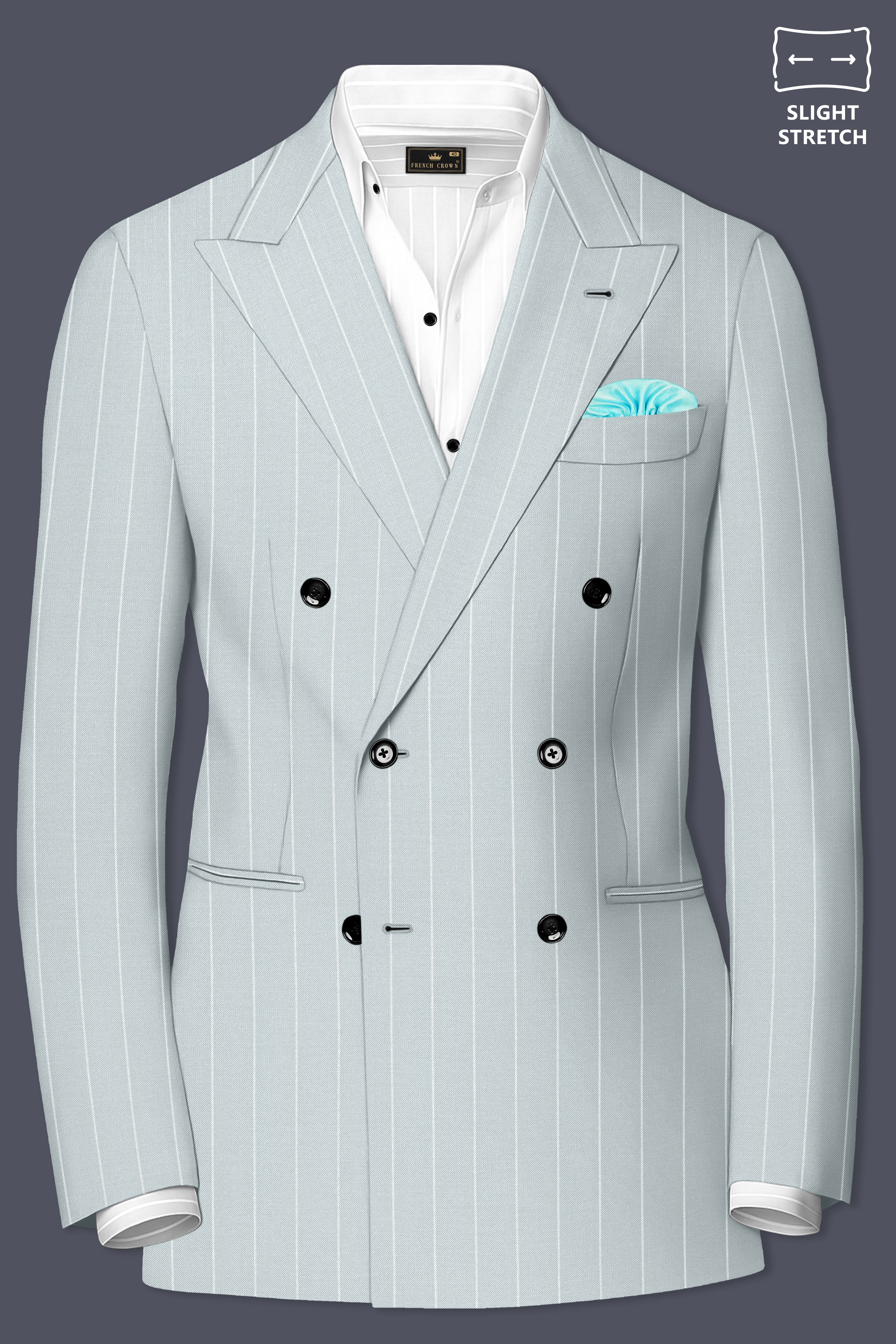 Slate-Tiara Gray And Bright White Chalk Striped Wool Rich Slight Stretch Double Breasted Suit