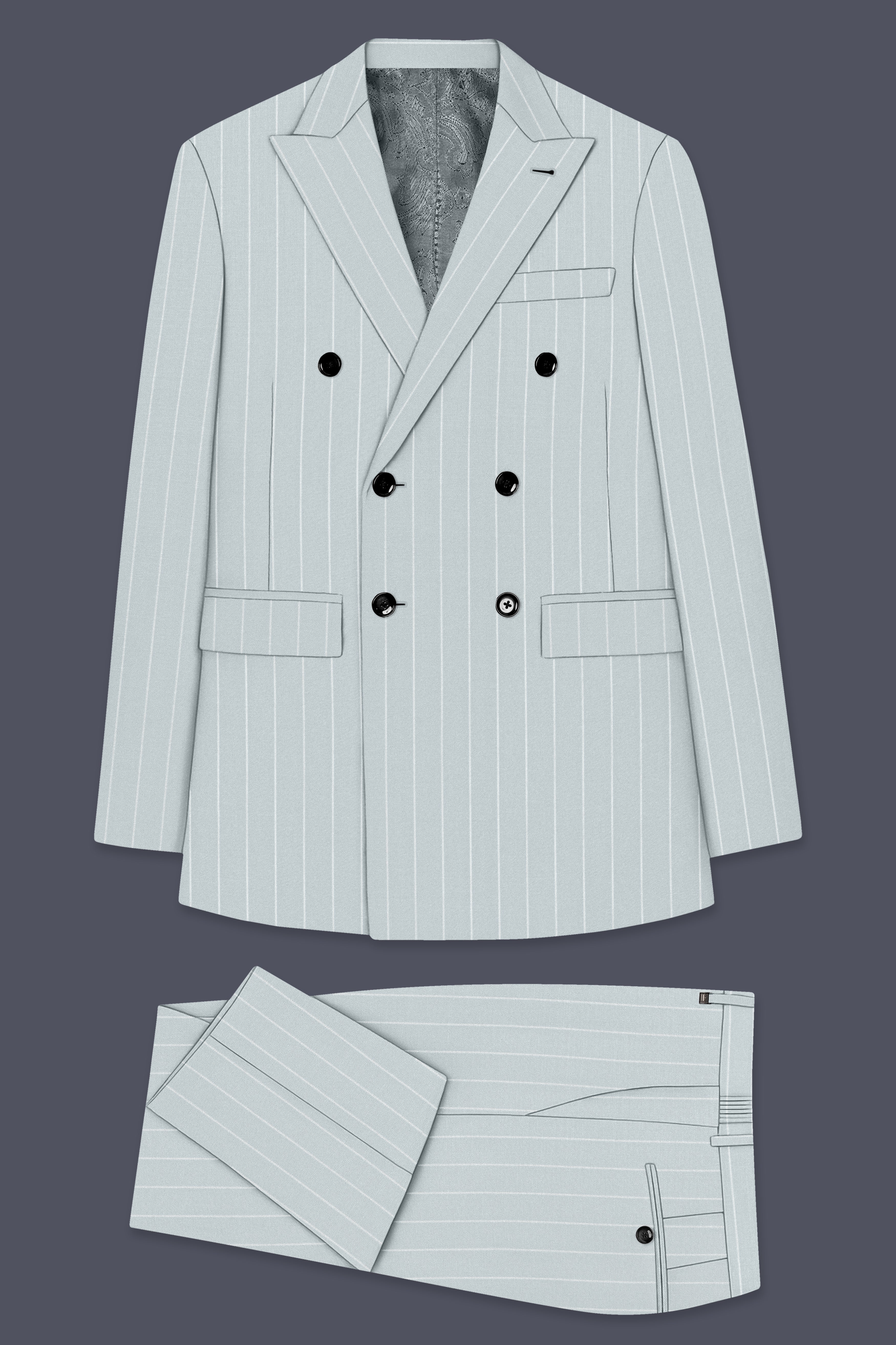 Slate-Tiara Gray And Bright White Chalk Striped Wool Rich Slight Stretch Double Breasted Suit