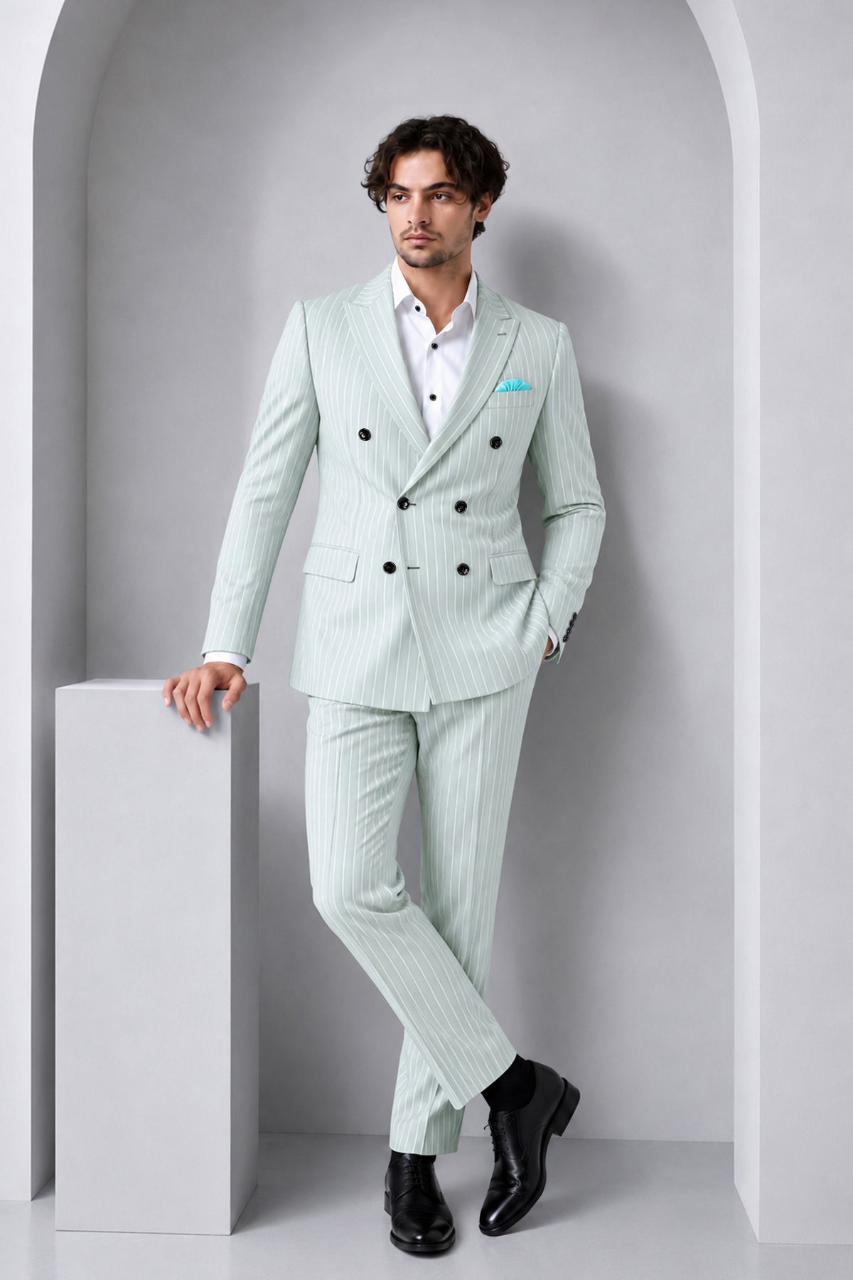 Slate-Tiara Gray And Bright White Chalk Striped Wool Rich Slight Stretch Double Breasted Suit