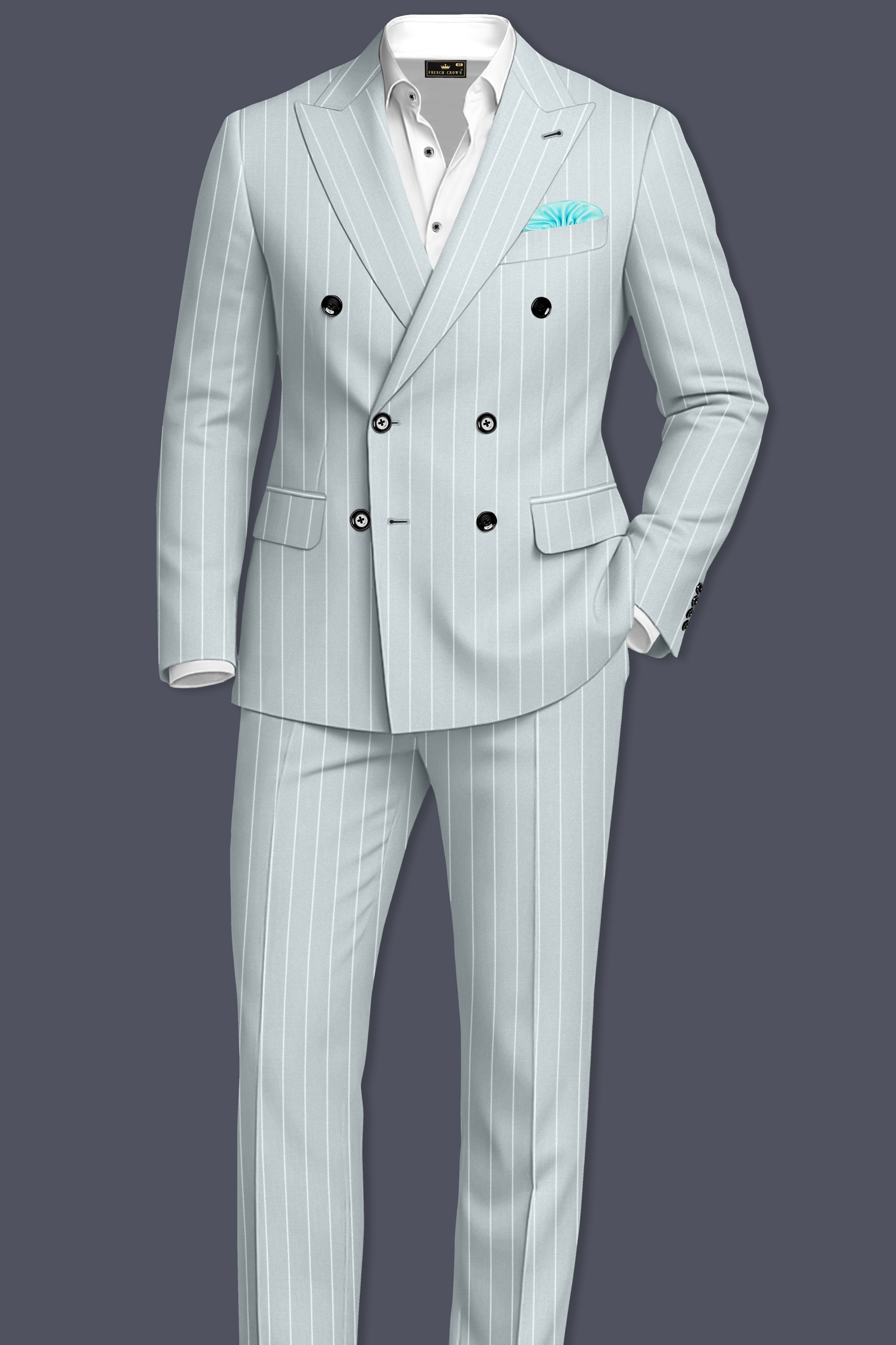 Slate-Tiara Gray And Bright White Chalk Striped Wool Rich Slight Stretch Double Breasted Suit