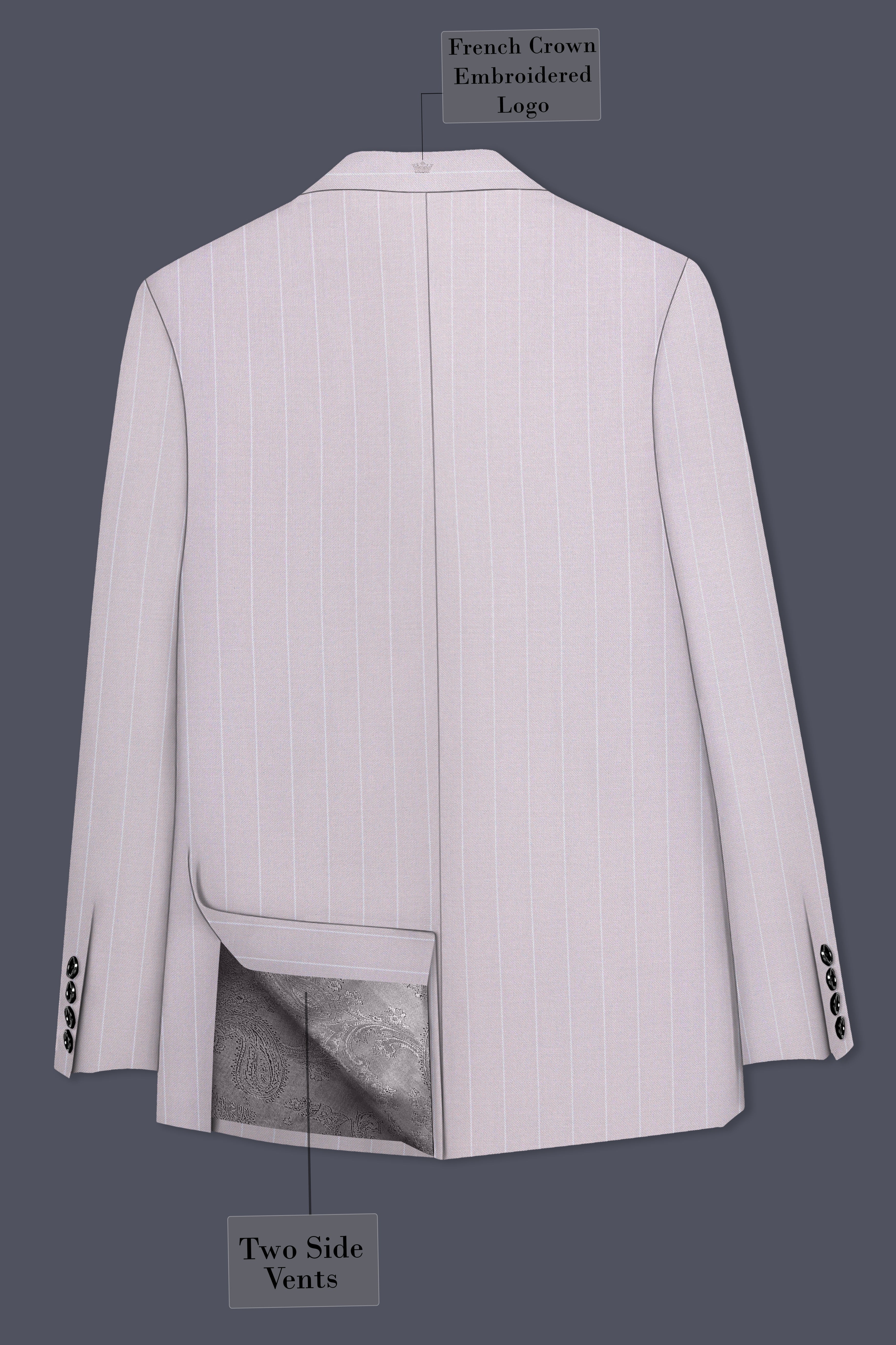 Roselle-Thistle Pink And Bright White Chalk Striped Wool Rich Slight Stretch Double Breasted Suit