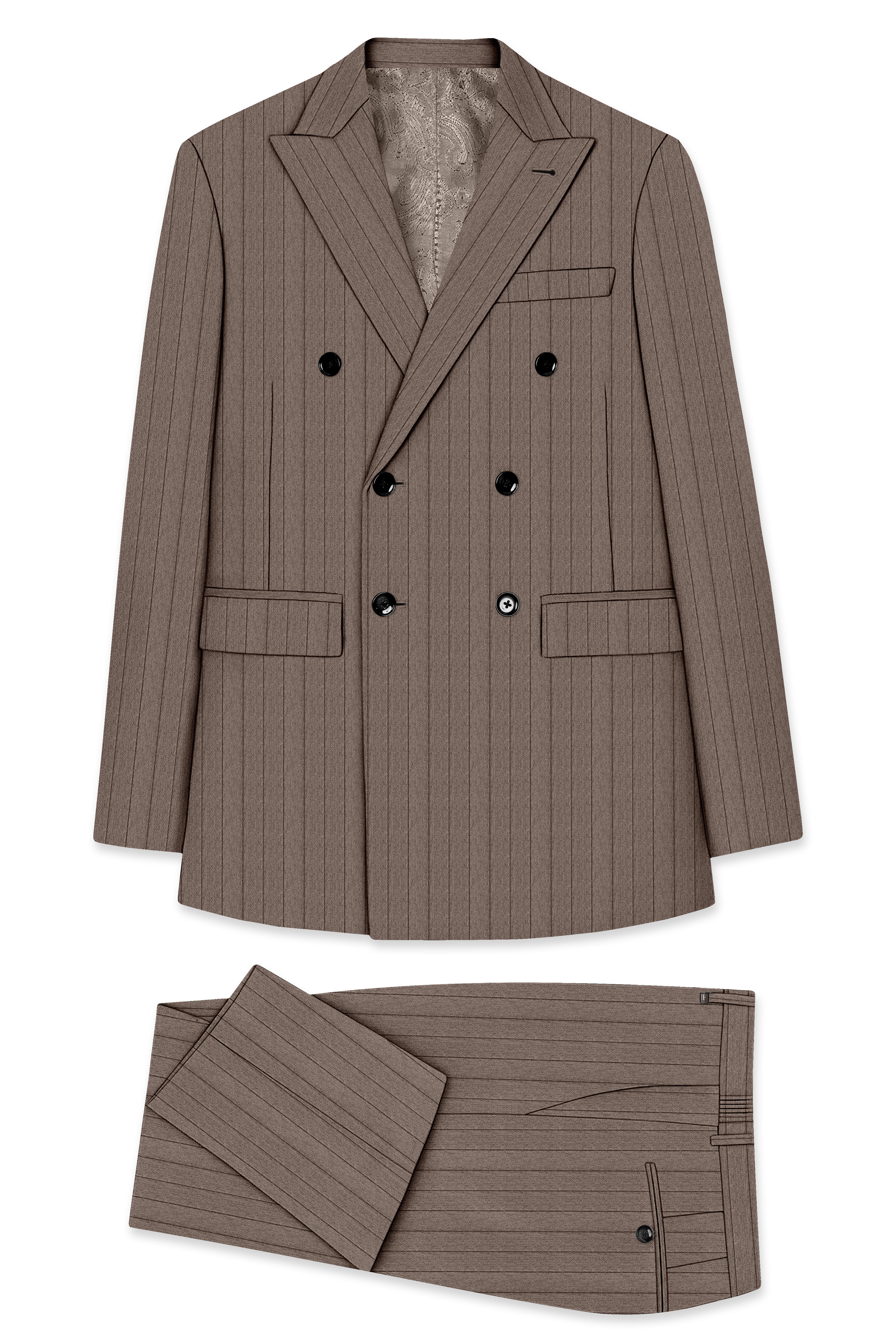 Obsidian-Fuscous Brown And Jade Black Chalk Striped Wool Rich Slight Stretch Double Breasted Suit