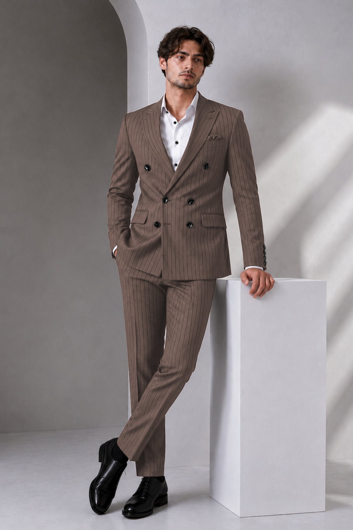 Obsidian-Fuscous Brown And Jade Black Chalk Striped Wool Rich Slight Stretch Double Breasted Suit