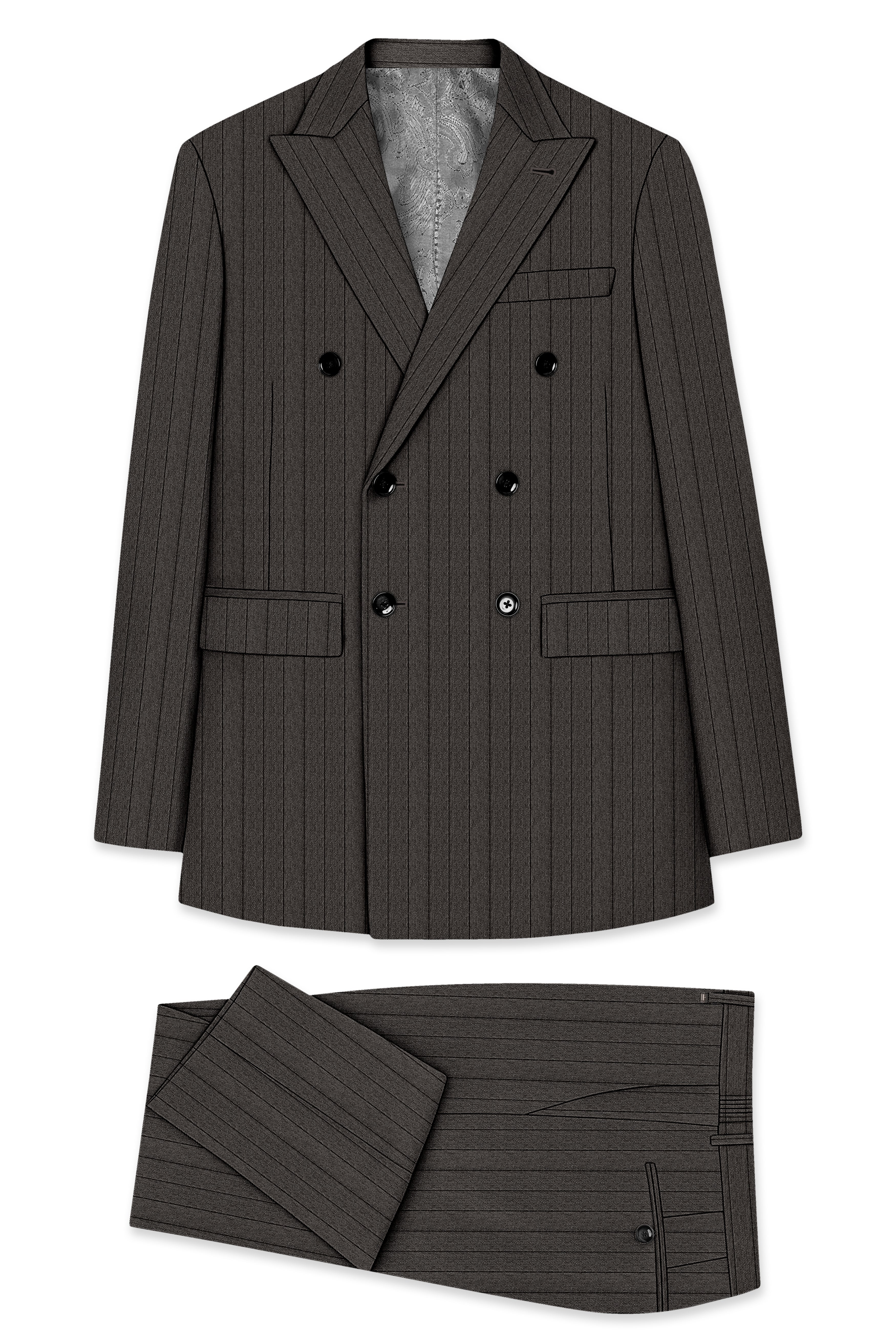 Heritage-Iridium Brown And Bright White Chalk Striped Wool Rich Slight Stretch Double Breasted Suit