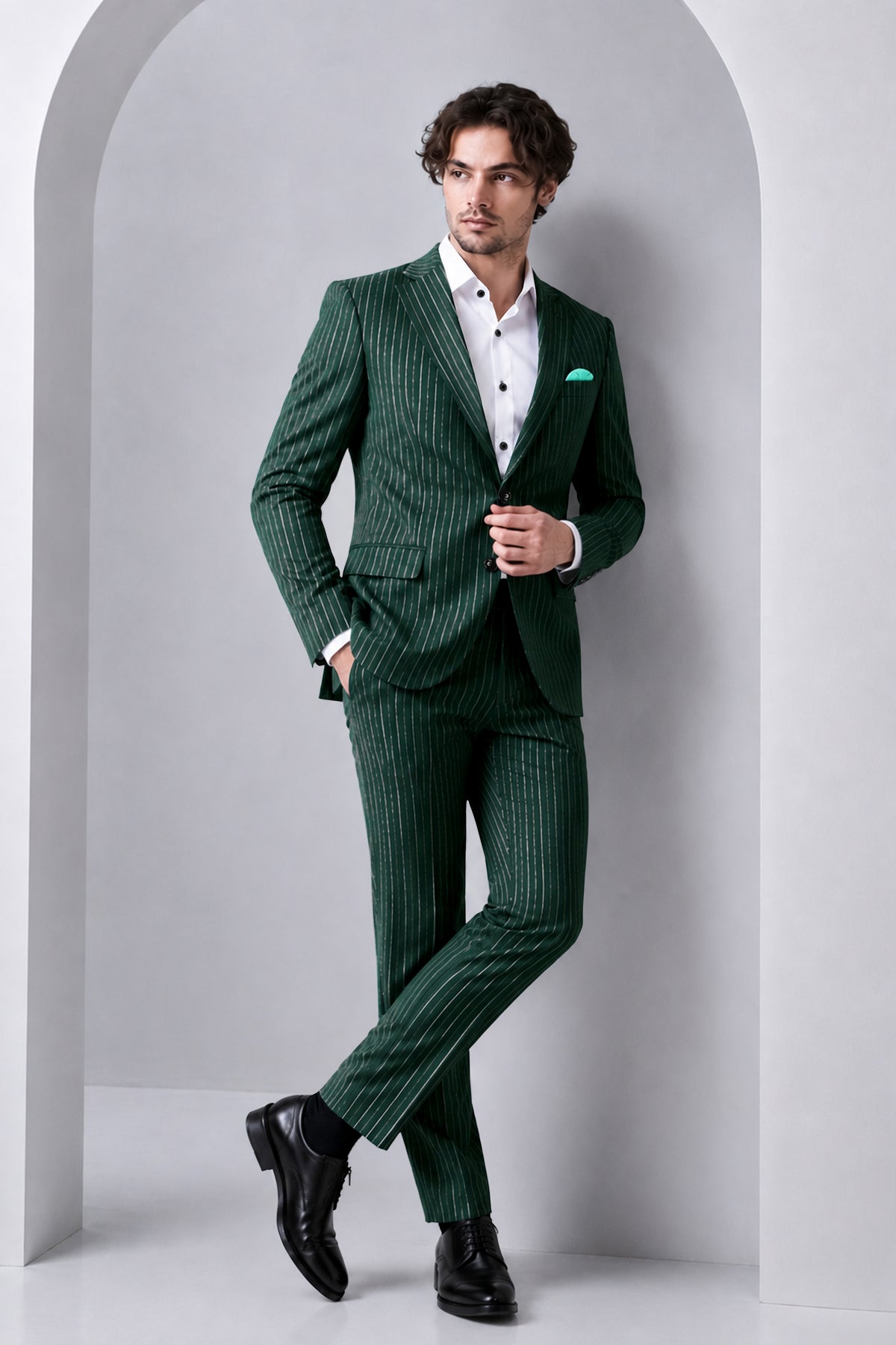 Arbor-Timber Green Herringbone Striped Wool Rich Slight Stretch Single Breasted Suit