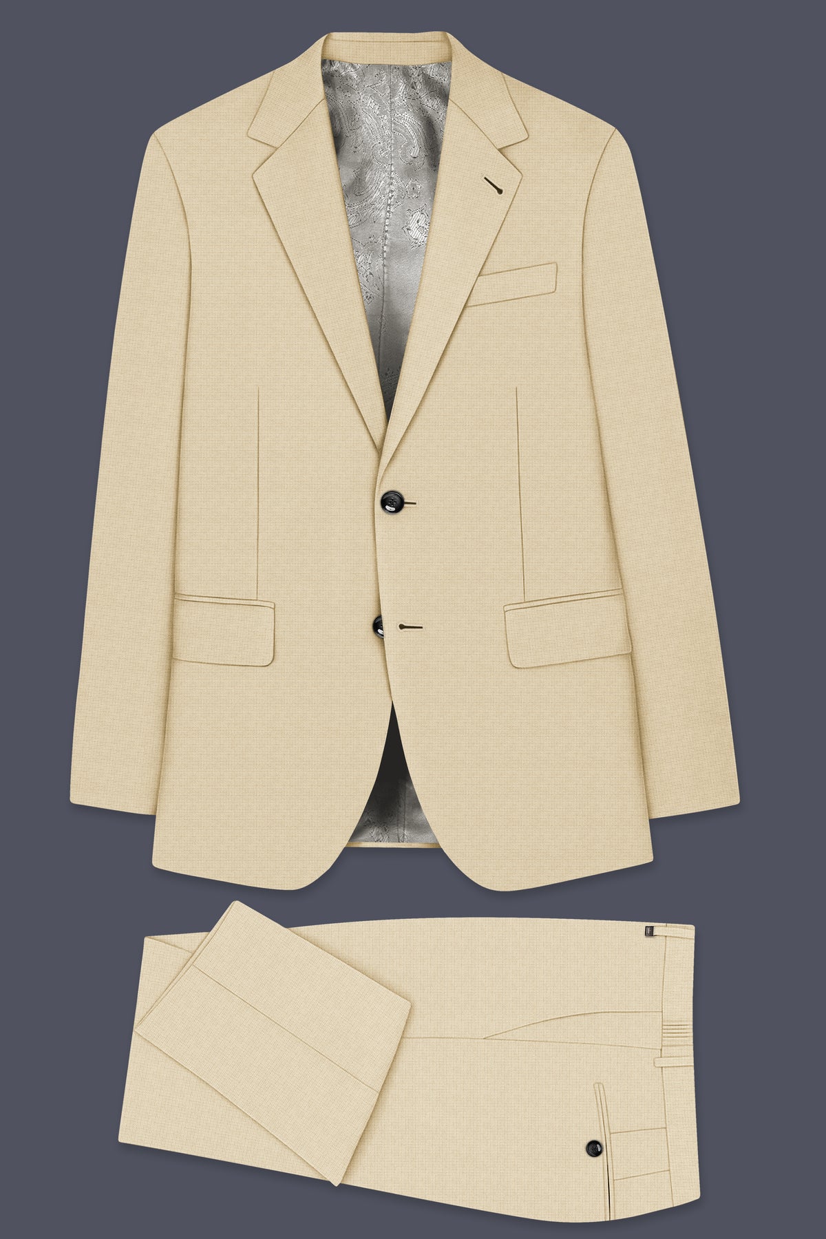 Alabaster-Vanilla Cream Diamond Textured Wool Rich Slight Stretch Single Breasted Suit