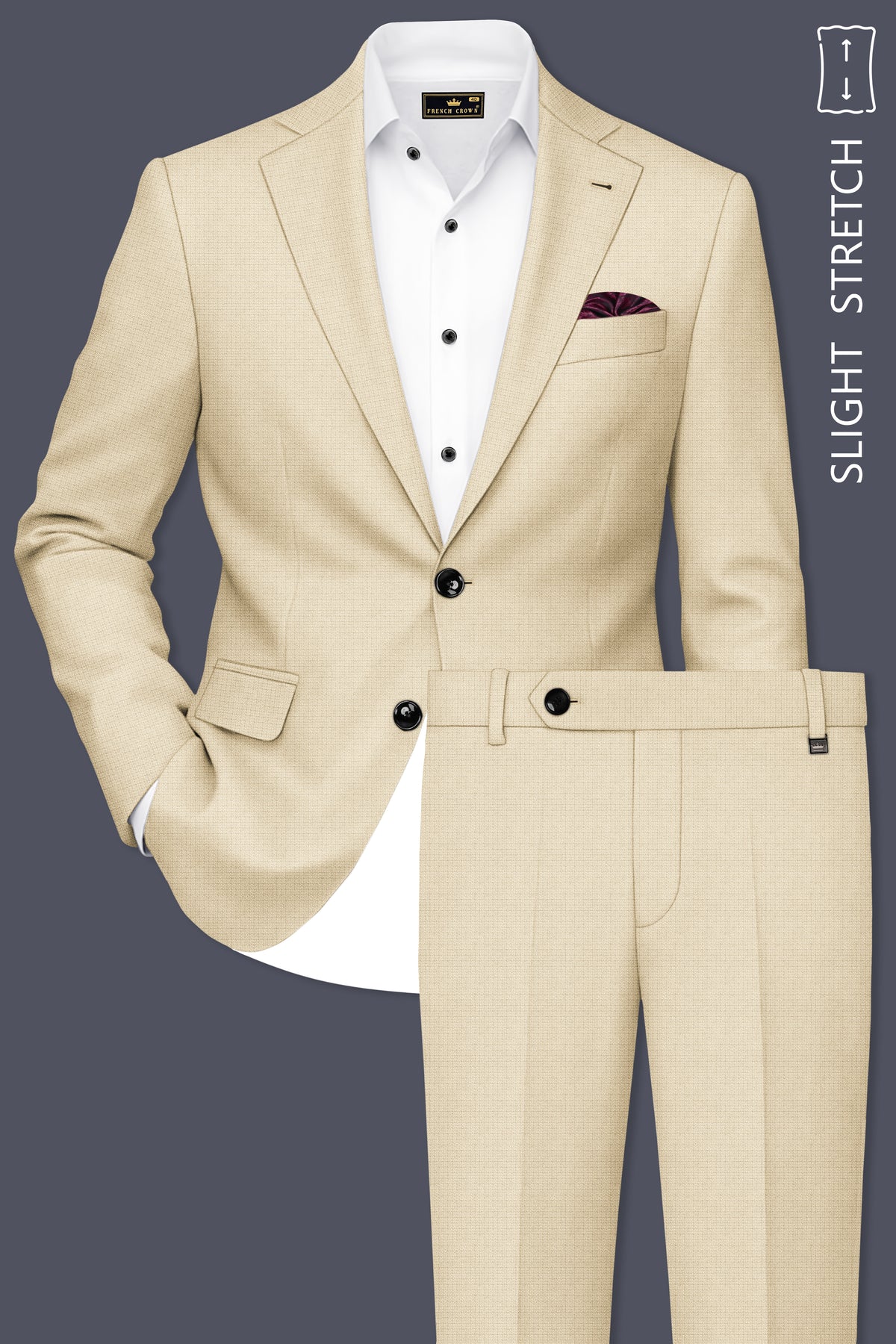 Alabaster-Vanilla Cream Diamond Textured Wool Rich Slight Stretch Single Breasted Suit