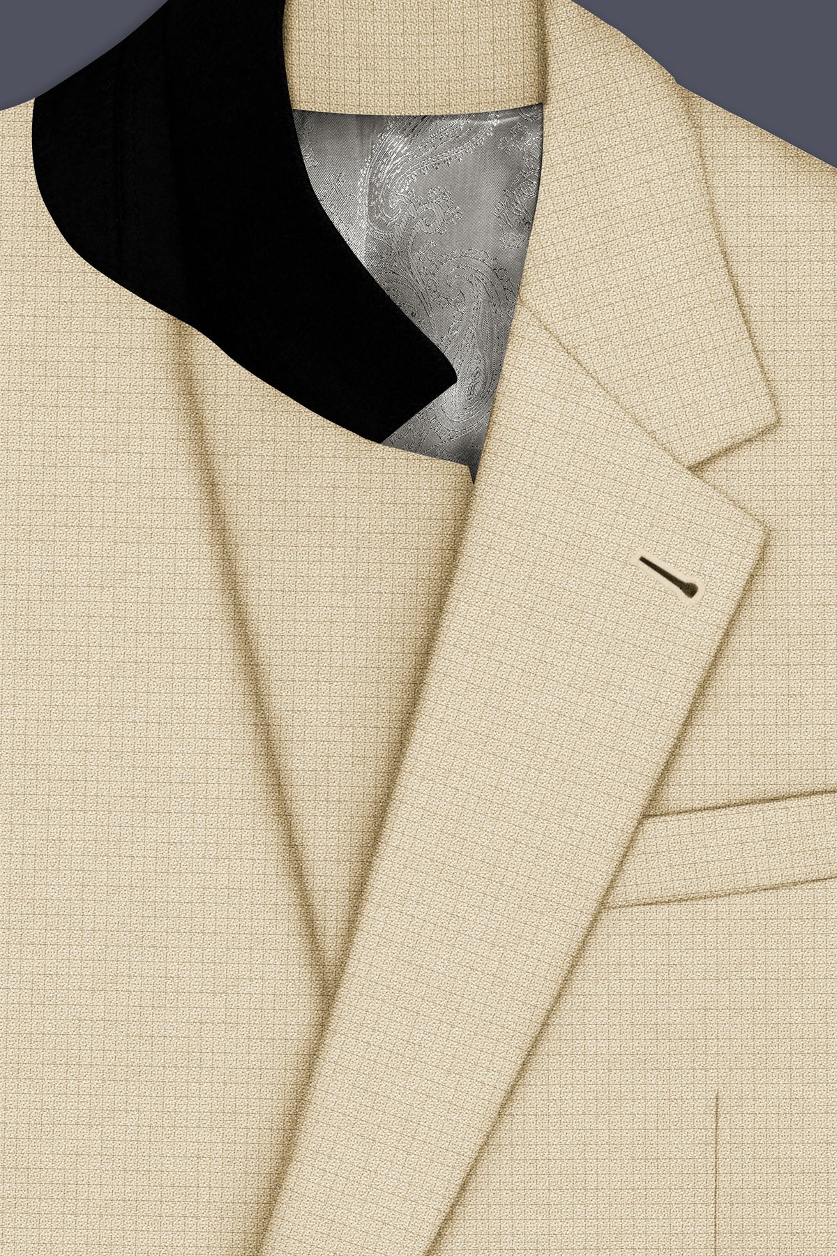 Alabaster-Vanilla Cream Diamond Textured Wool Rich Slight Stretch Single Breasted Suit