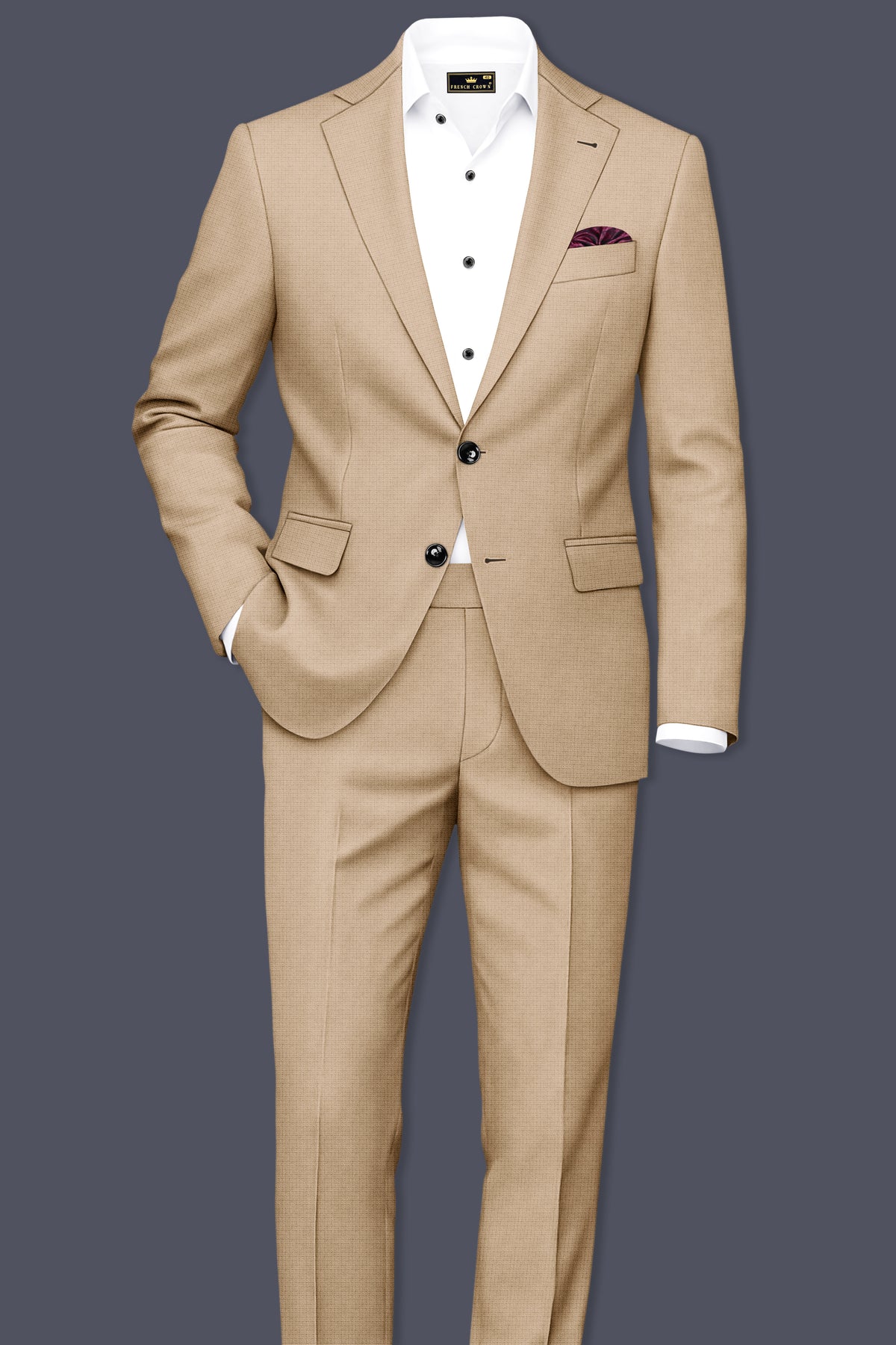 Mahogany-Pavlova Brown Diamond Textured Wool Rich Slight Stretch Single Breasted Suit
