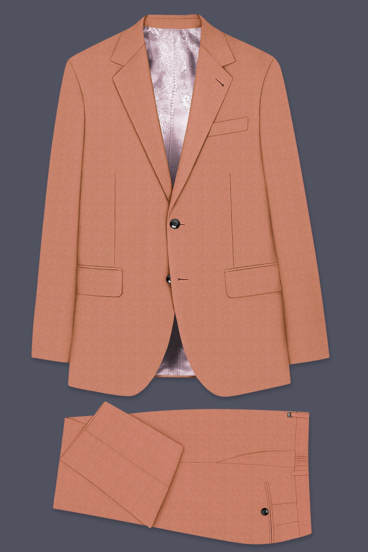Terracotta-Salmon Brown Diamond Textured Wool Rich Slight Stretch Single Breasted Suit