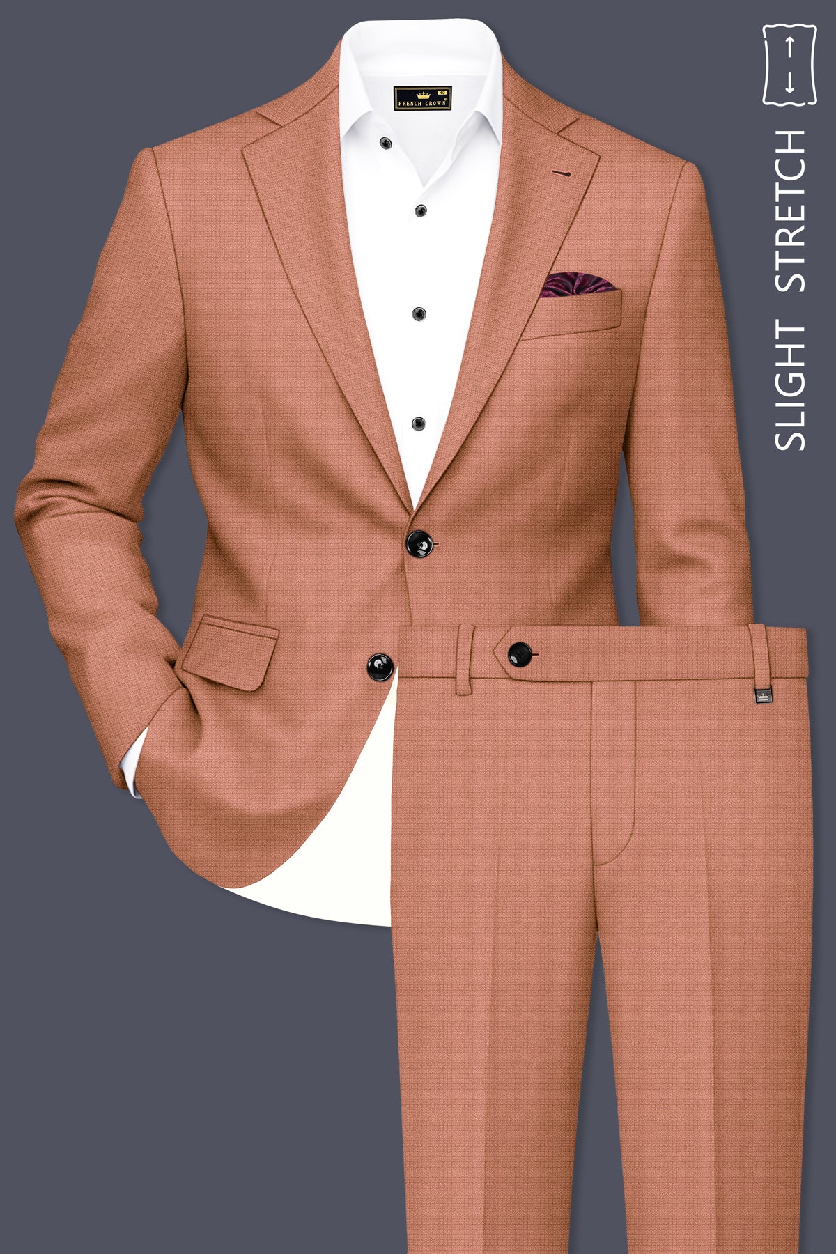 Terracotta-Salmon Brown Diamond Textured Wool Rich Slight Stretch Single Breasted Suit