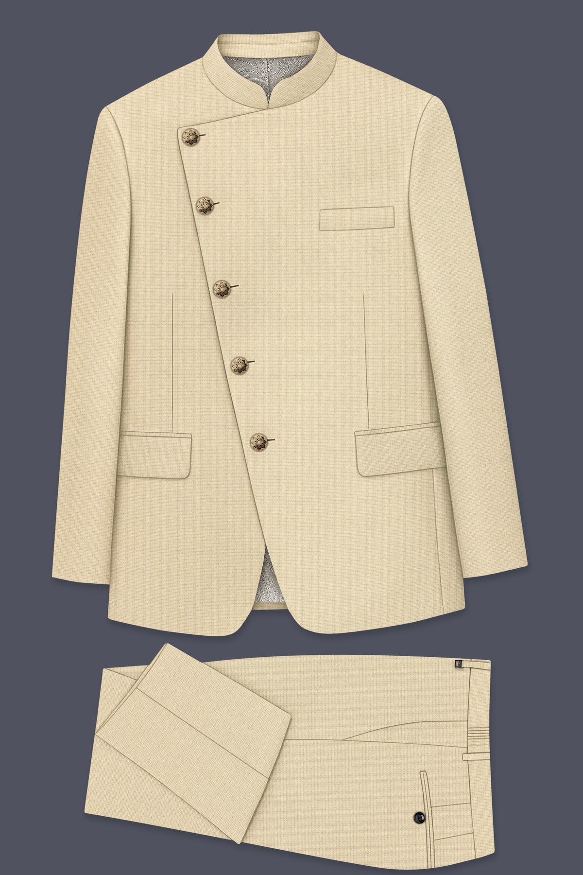 Alabaster-Vanilla Cream Diamond Textured Wool Rich Slight Stretch Cross Placket Bandhgala Suit