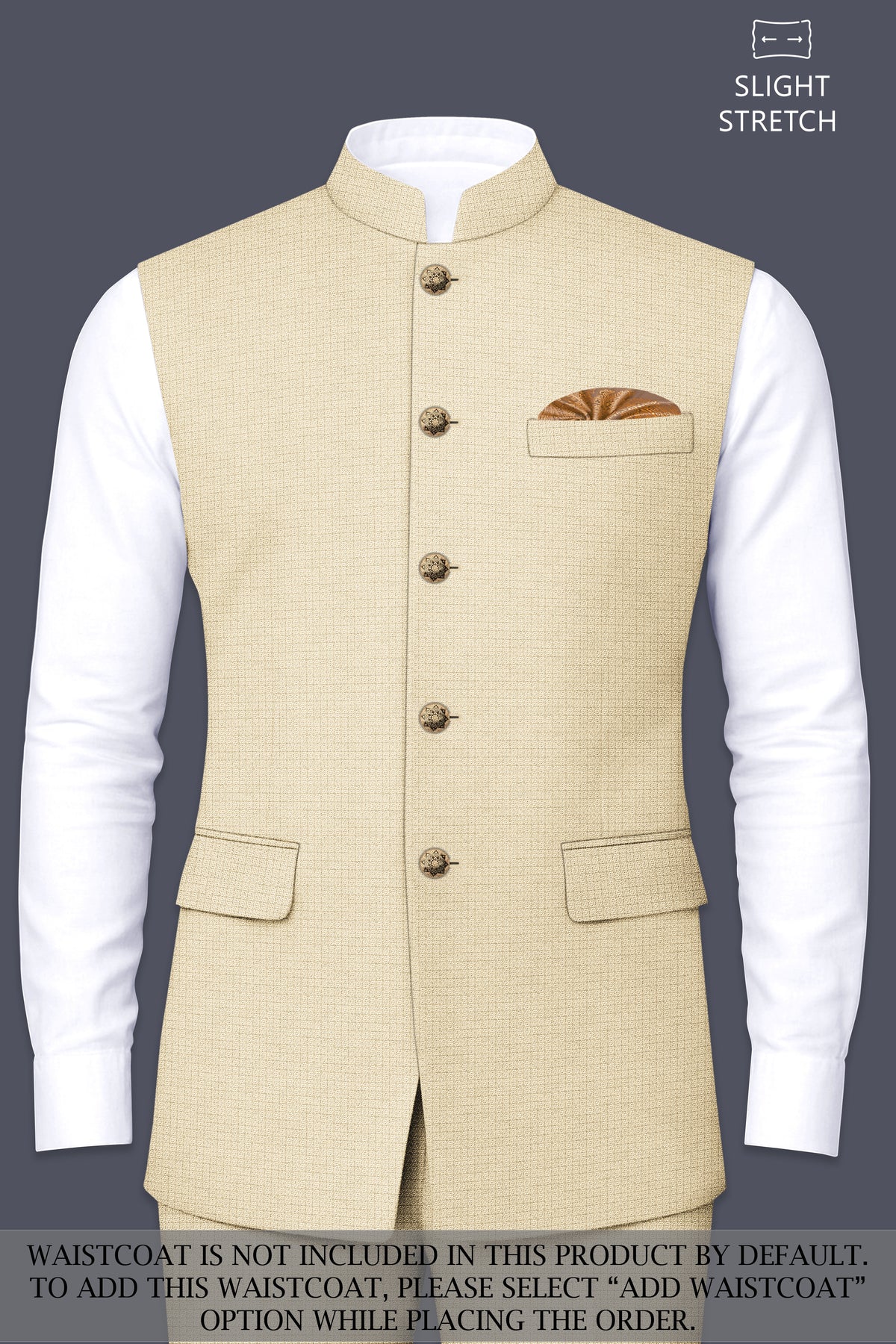 Alabaster-Vanilla Cream Diamond Textured Wool Rich Slight Stretch Cross Placket Bandhgala Suit